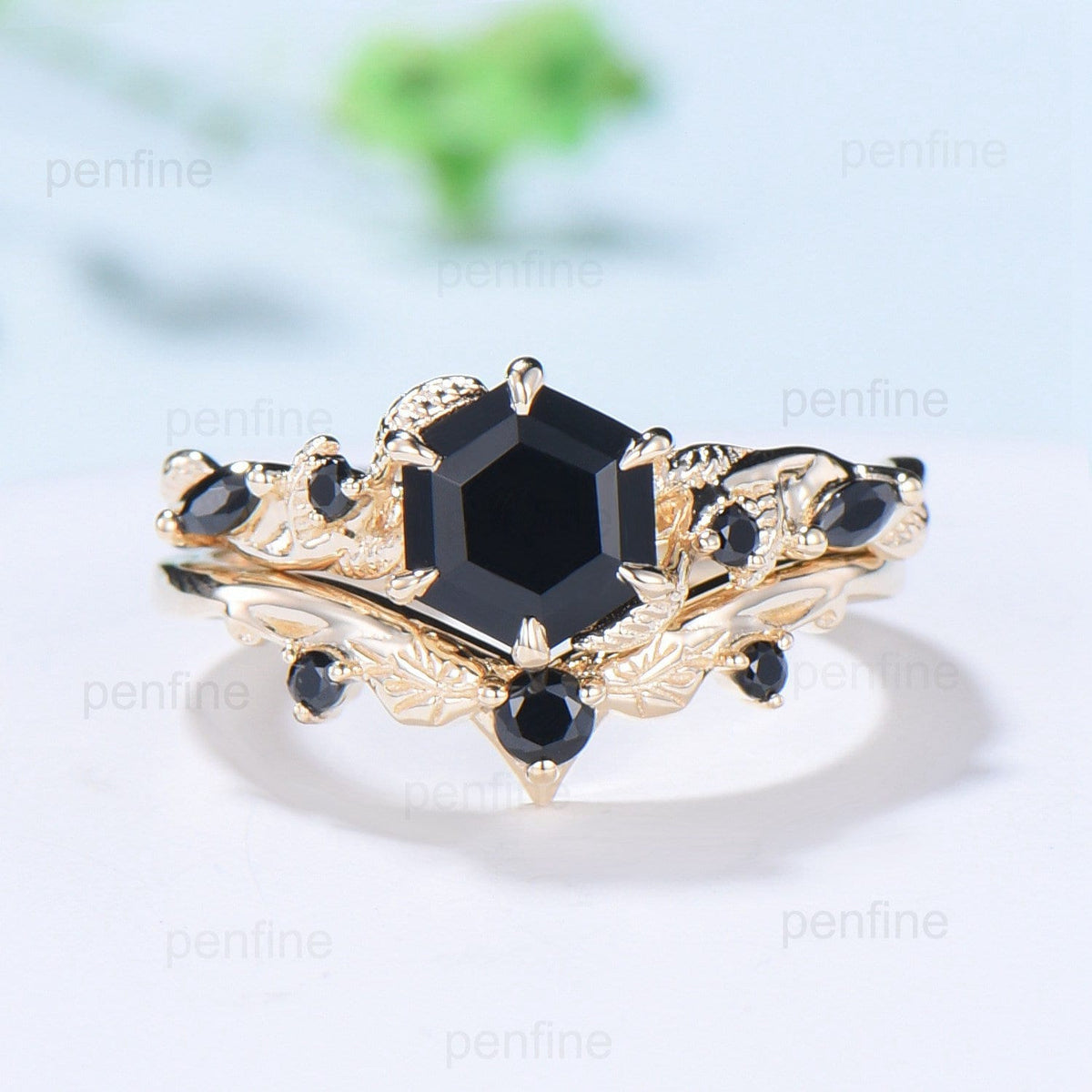Unique yellow gold black onyx engagement ring set Nature Inspired black stone wedding ring set vintage Retro spinel Leaf Vine bridal set