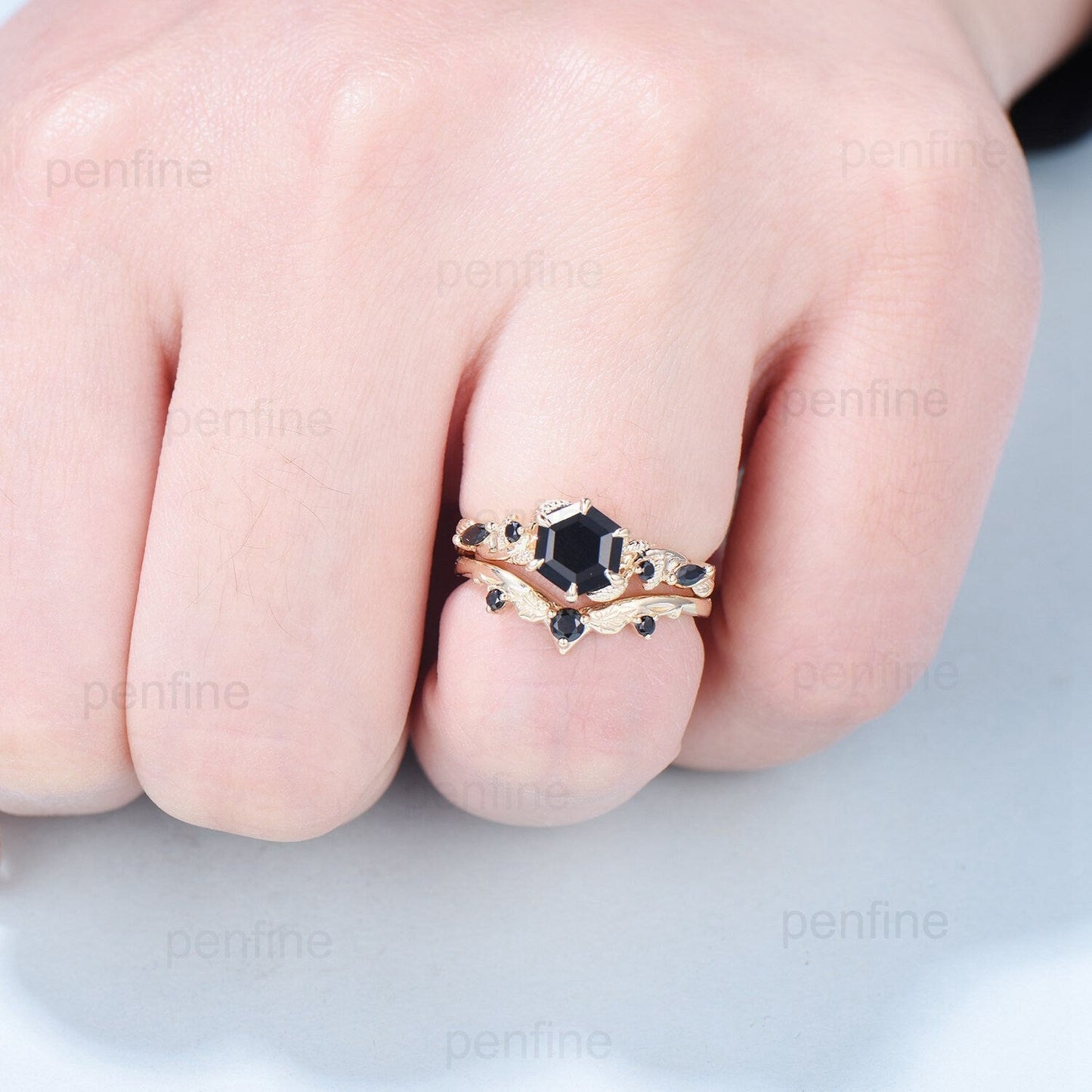 Unique yellow gold black onyx engagement ring set Nature Inspired black stone wedding ring set vintage Retro spinel Leaf Vine bridal set