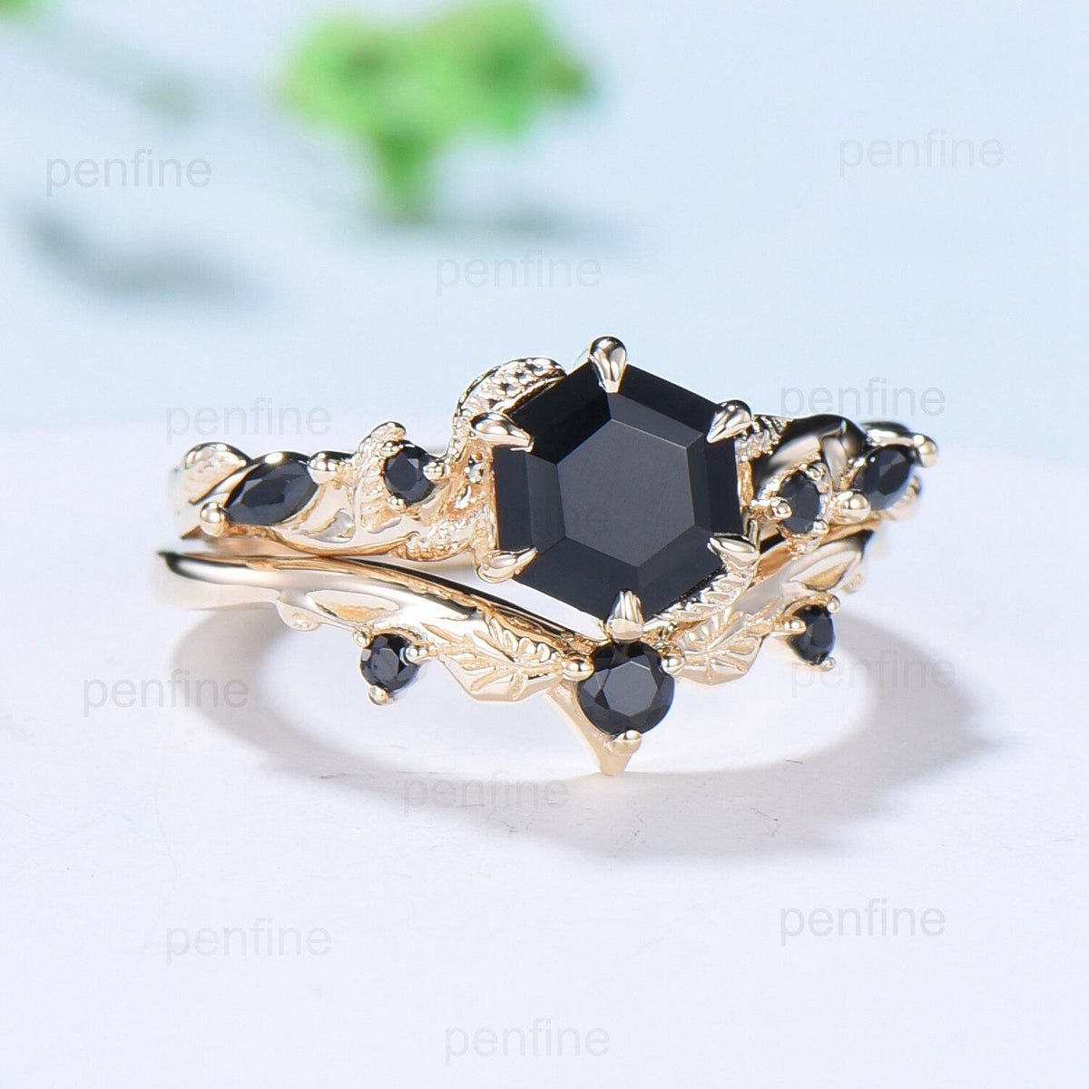 Unique yellow gold black onyx engagement ring set Nature Inspired black stone wedding ring set vintage Retro spinel Leaf Vine bridal set