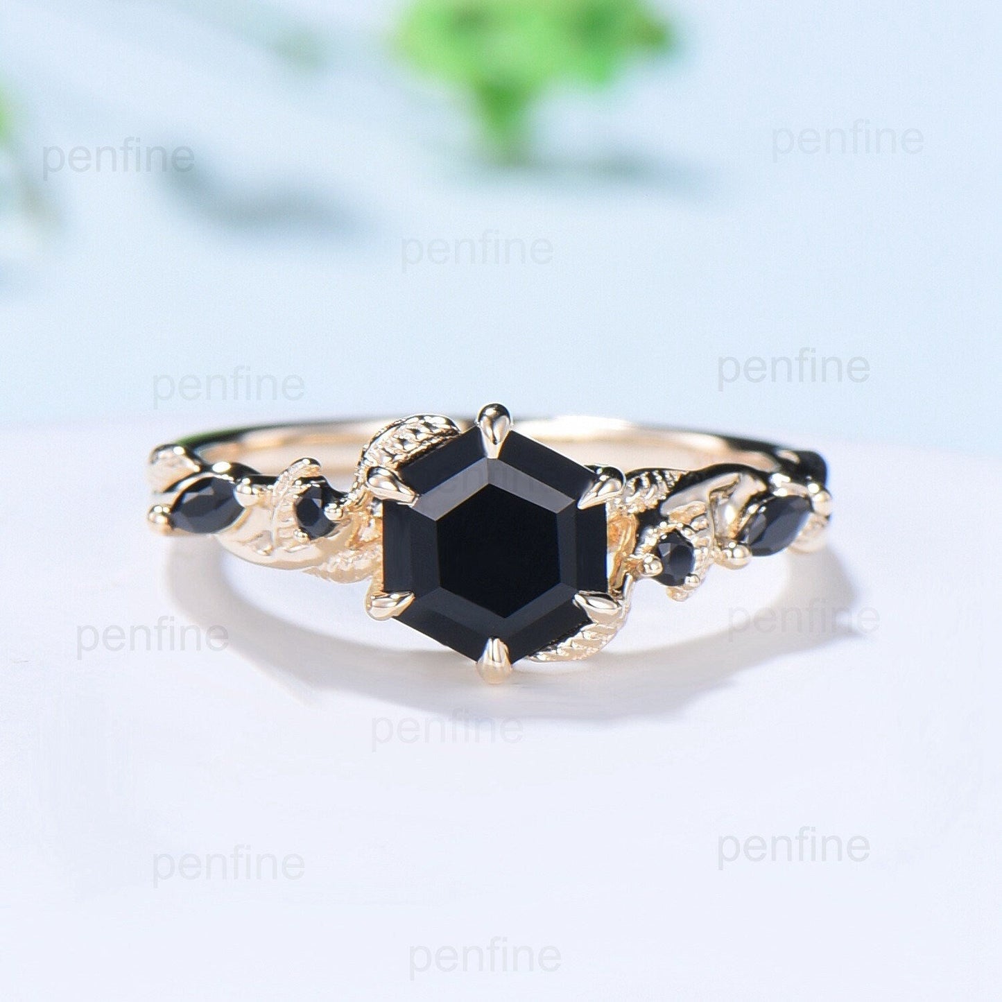 Unique yellow gold black onyx engagement ring set Nature Inspired black stone wedding ring set vintage Retro spinel Leaf Vine bridal set