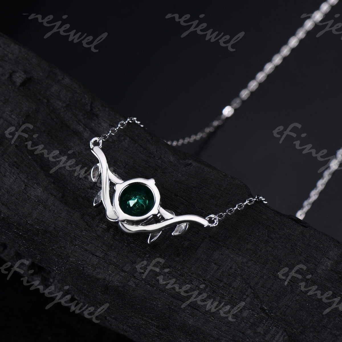 Lab Emerald Pendant Necklace, Leaf Vine, May Birthstone