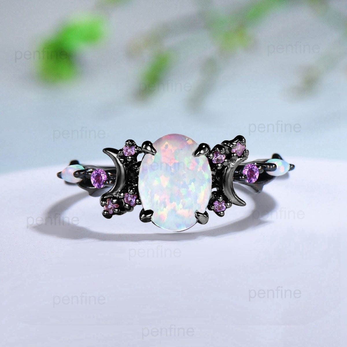 Unique Oval White Opal Engagement Ring Vintage Fire Opal Moon Split Shank Wedding Ring Branch Amethyst Wedding Ring Promise Gift For Women