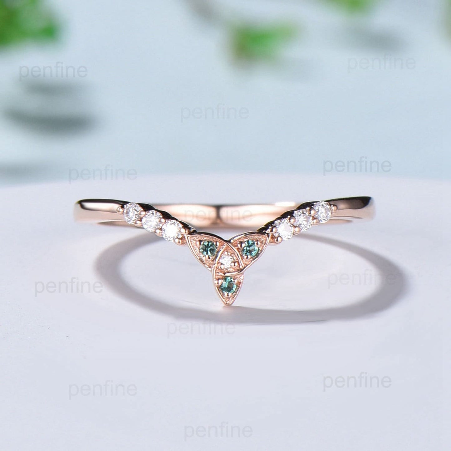 Emerald Moissanite Rose Gold Wedding Band, Vintage Stacking Ring