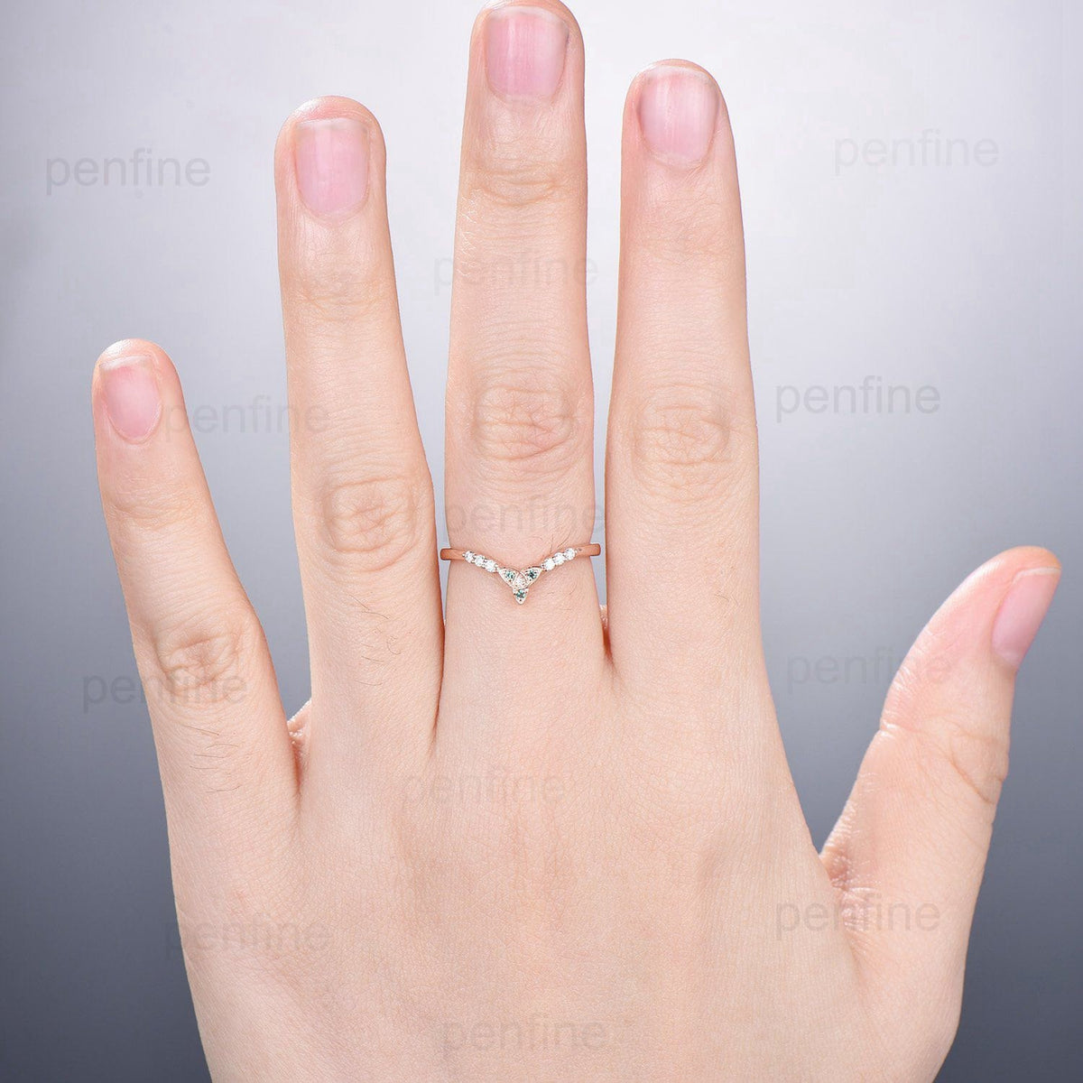 Emerald Moissanite Rose Gold Wedding Band, Vintage Stacking Ring