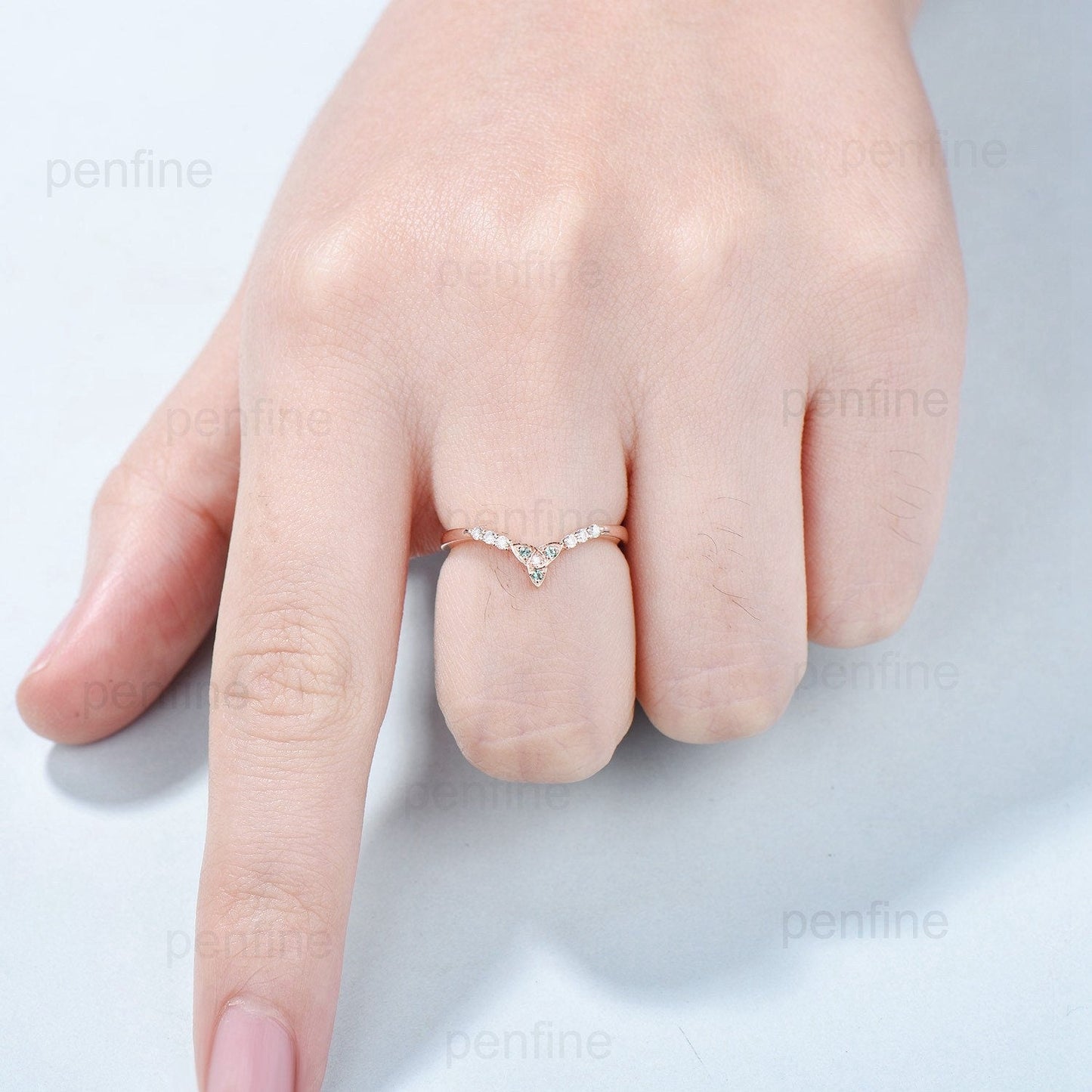 Emerald Moissanite Rose Gold Wedding Band, Vintage Stacking Ring