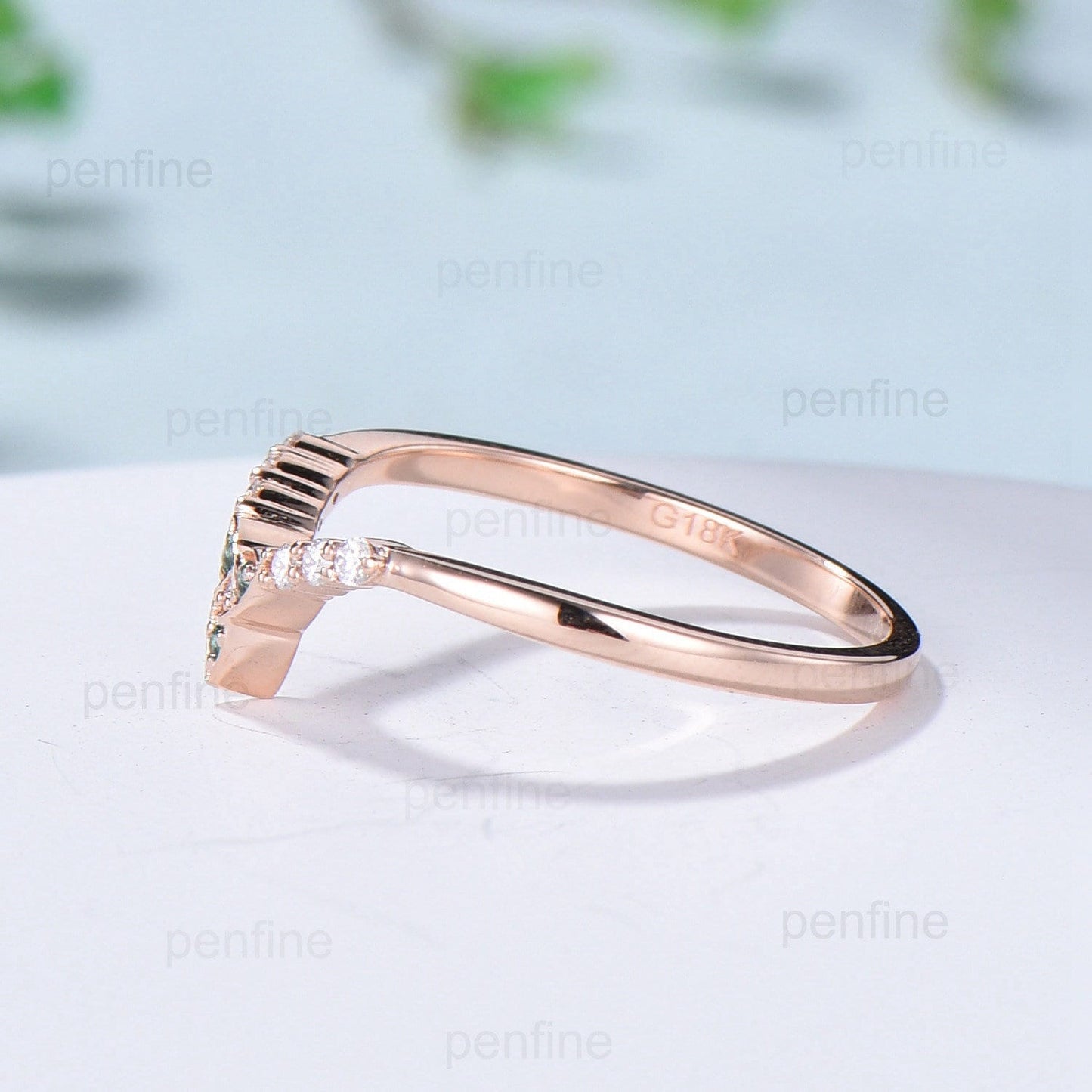 Emerald Moissanite Rose Gold Wedding Band, Vintage Stacking Ring