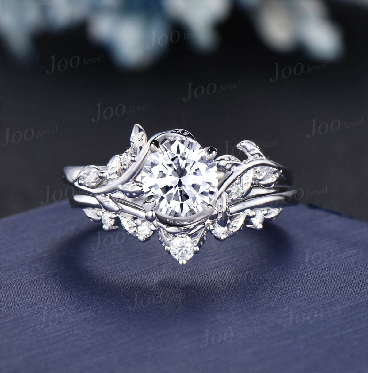 1ct Round Cut Moissanite Engagement Ring 14K Real Gold Nature Inspired Diamond Engagement Ring Leaf Wedding Bridal Set Unique Proposal Gifts