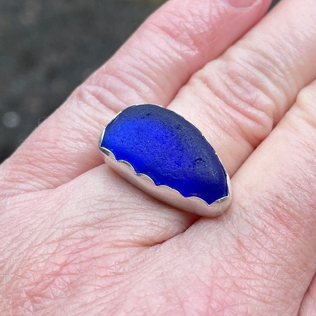 Large Cobalt Blue Sea Glass Ring | Sterling Silver | Handmade | Size 6