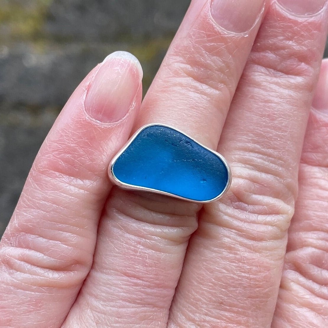 Dark Turquoise Blue Sea Glass Ring | Sterling Silver | Handmade | Size 4 3/4