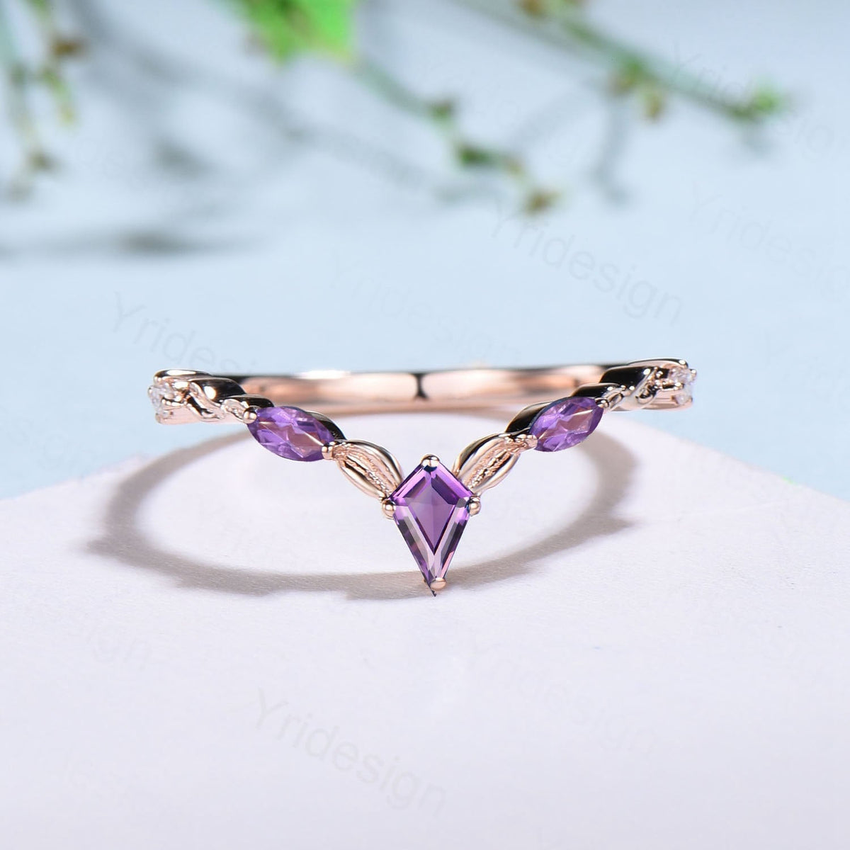 Amethyst Wedding Band: Rose Gold Twisted Vine Kite Stacking Ring