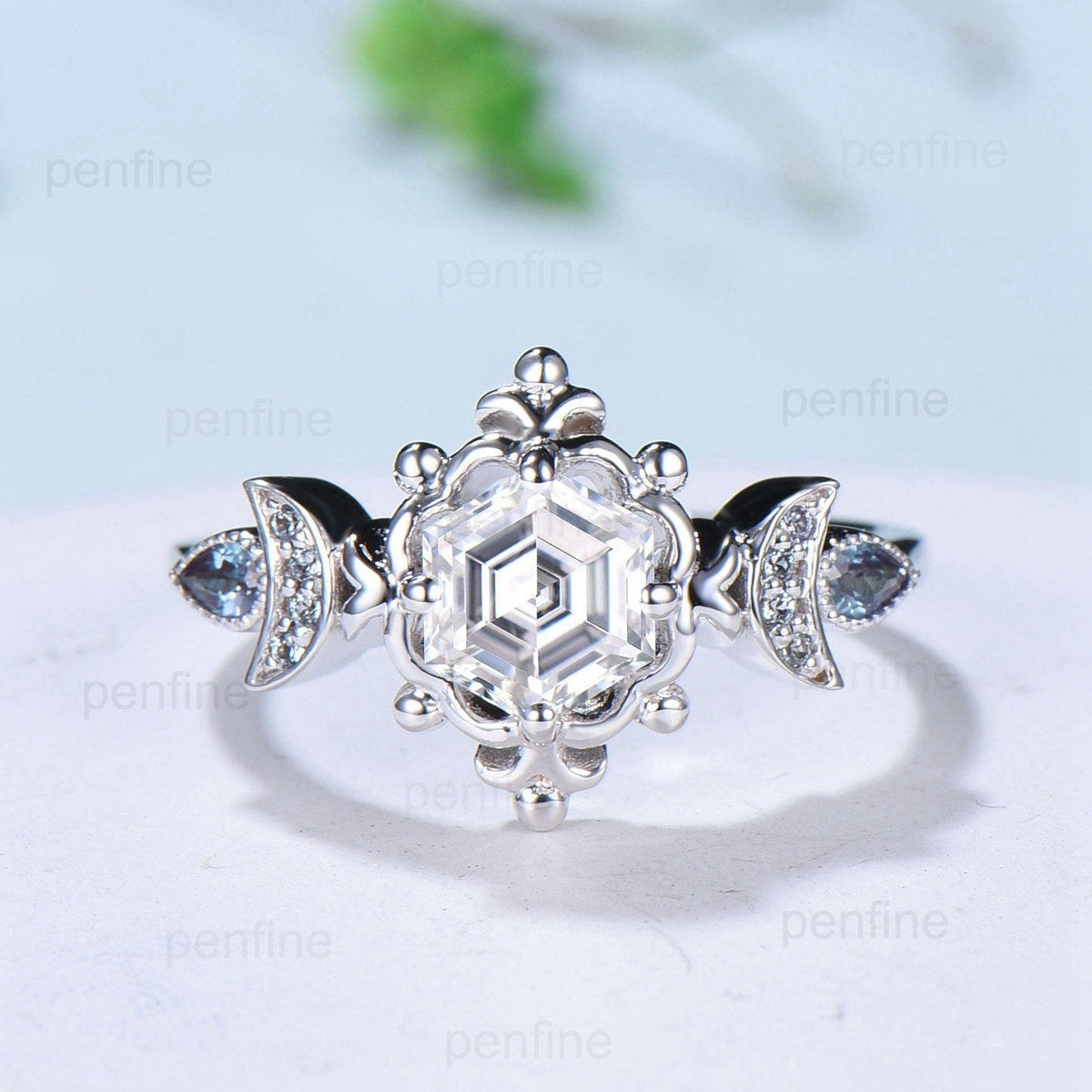 Floral Hexagon Moissanite Engagement Ring Crescent Moon Pear Alexandrite Cluster Wedding Ring Unique Promise Ring Handmade Bridal Gift