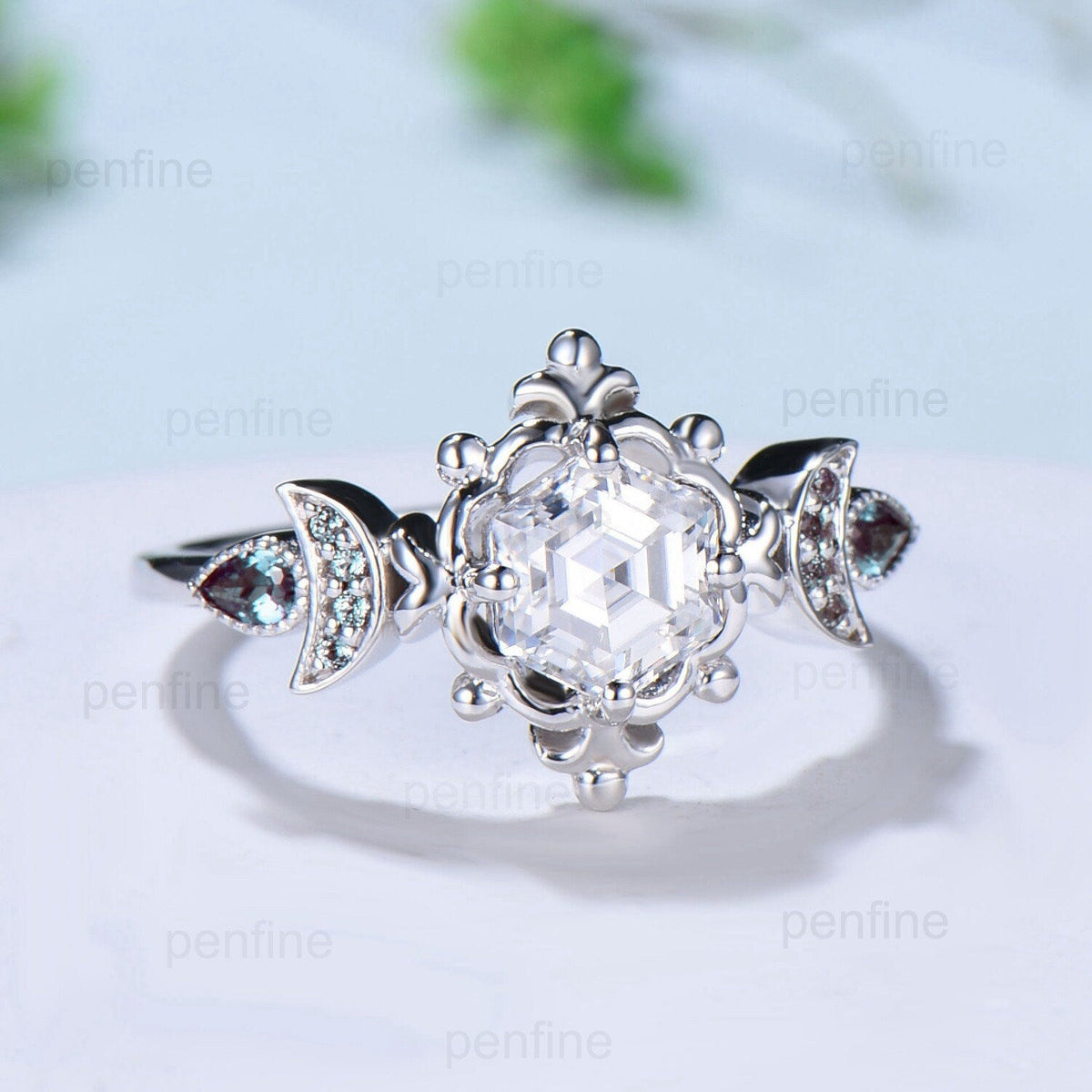 Floral Hexagon Moissanite Engagement Ring Crescent Moon Pear Alexandrite Cluster Wedding Ring Unique Promise Ring Handmade Bridal Gift