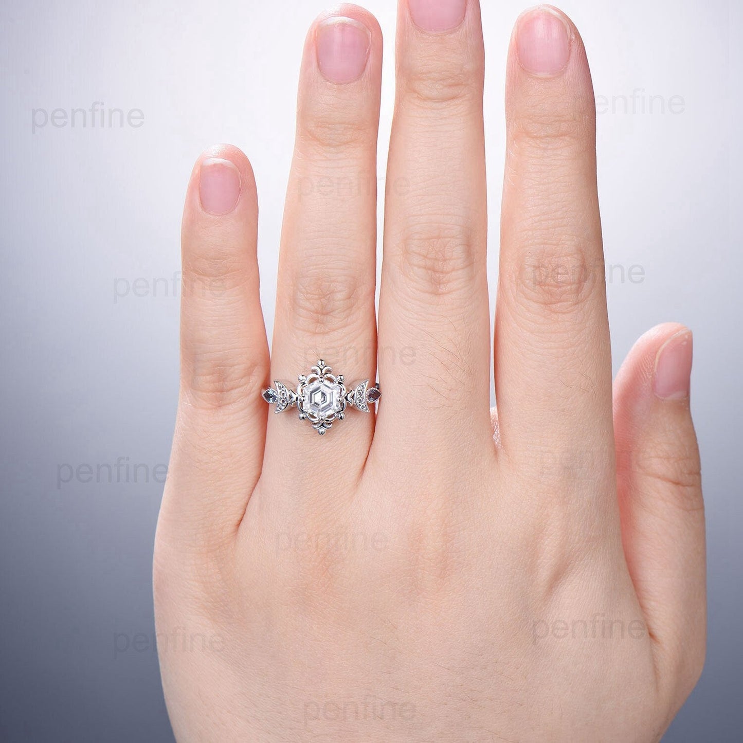 Floral Hexagon Moissanite Engagement Ring Crescent Moon Pear Alexandrite Cluster Wedding Ring Unique Promise Ring Handmade Bridal Gift