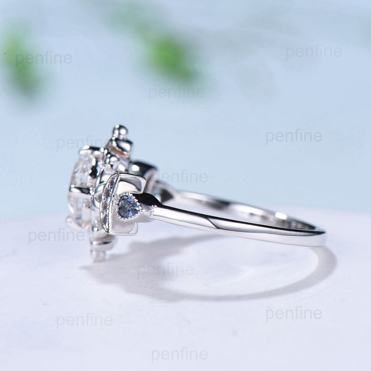 Floral Hexagon Moissanite Engagement Ring Crescent Moon Pear Alexandrite Cluster Wedding Ring Unique Promise Ring Handmade Bridal Gift