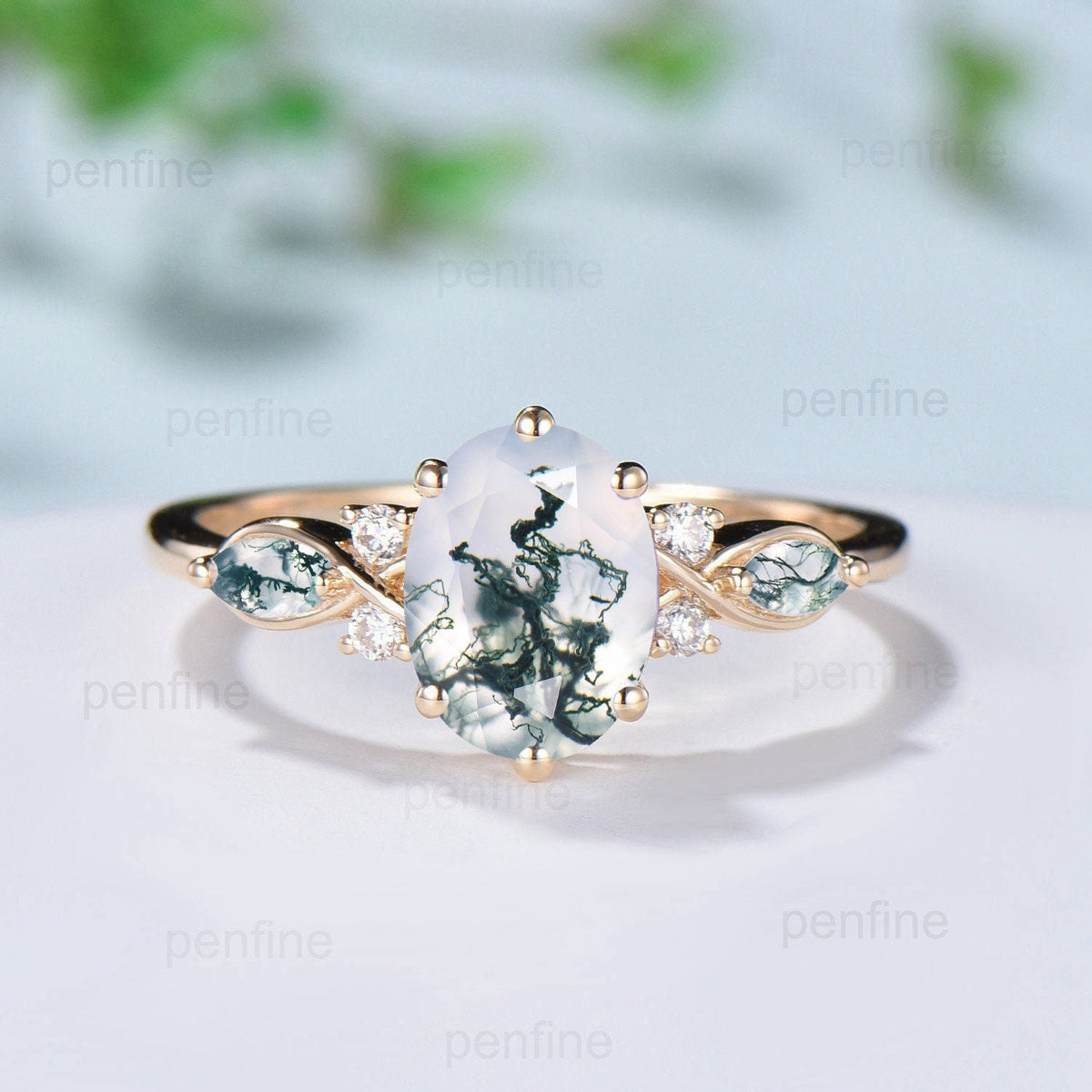 Vintage Oval Cut Moss agate engagement ring flawless green agate ring for women 14K Yellow Gold marquise aquatic agate diamond wedding Ring