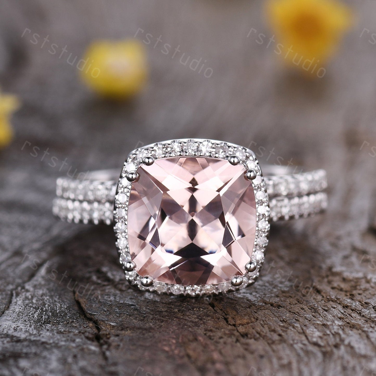 3ct Cushion Cut Morganite Engagement Ring Set: Diamond 14K White Gold Wedding Band