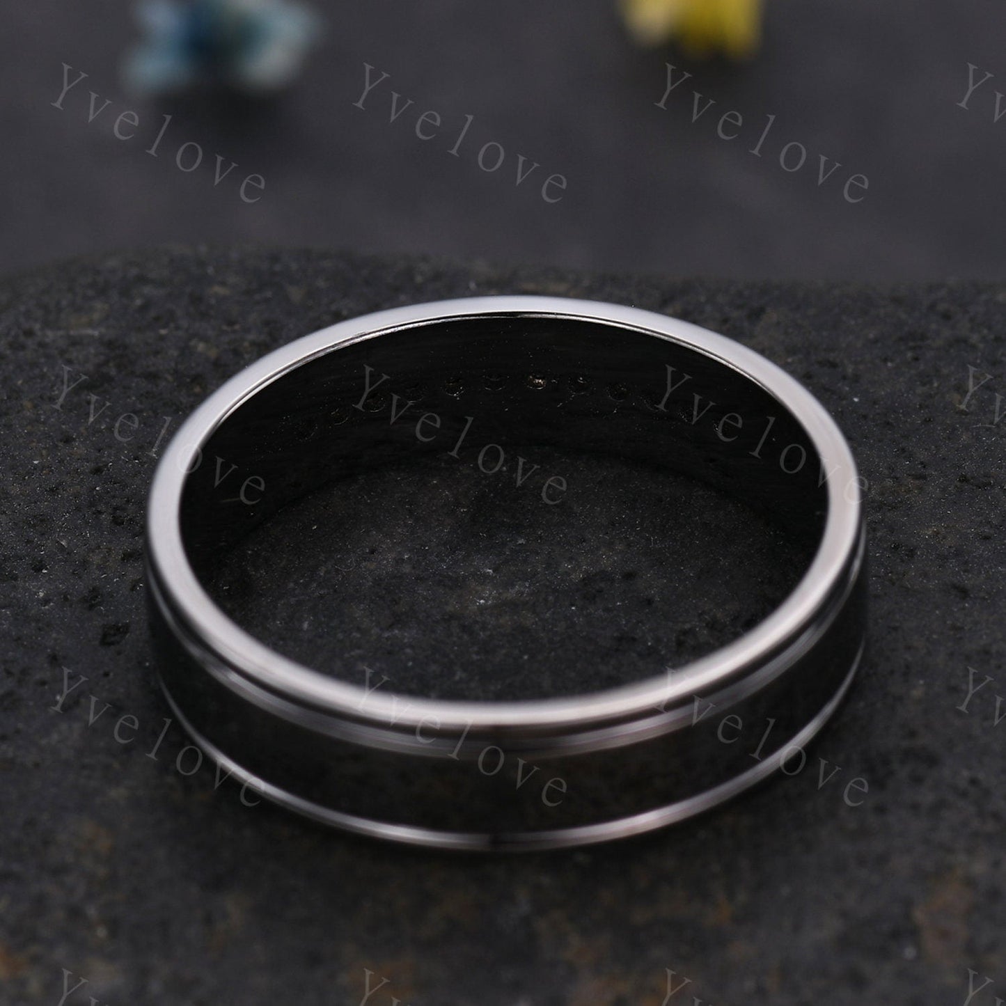 Mens Black Diamond Wedding Band Black Band Diamond channel Set Ring Unisex Stacking Matching Band Retro Vintage Ring Gift For Her or Him