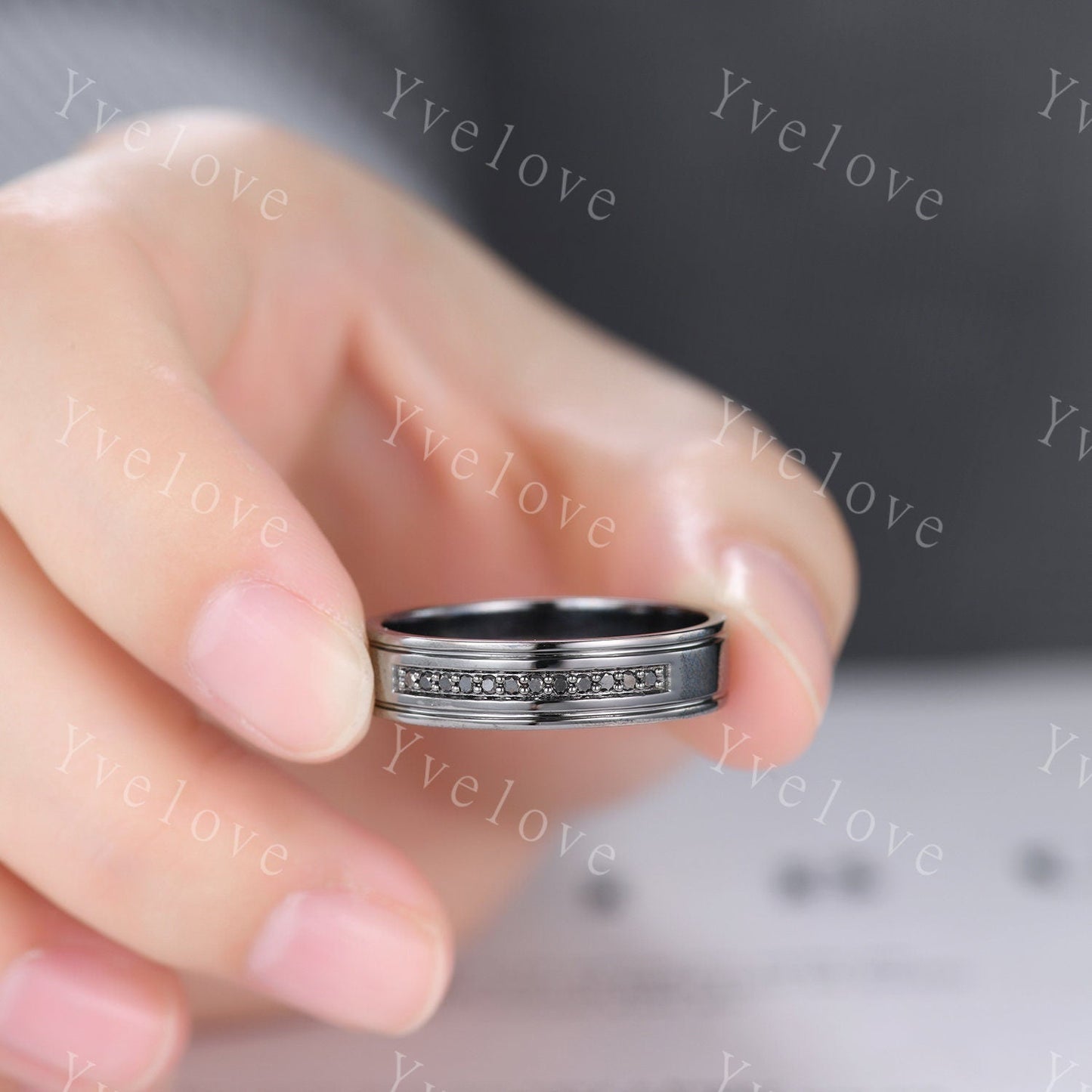 Mens Black Diamond Wedding Band Black Band Diamond channel Set Ring Unisex Stacking Matching Band Retro Vintage Ring Gift For Her or Him