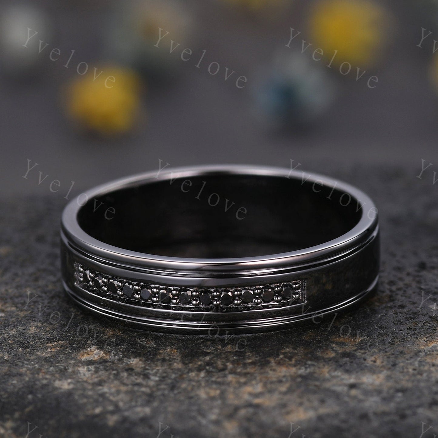 Mens Black Diamond Wedding Band Black Band Diamond channel Set Ring Unisex Stacking Matching Band Retro Vintage Ring Gift For Her or Him
