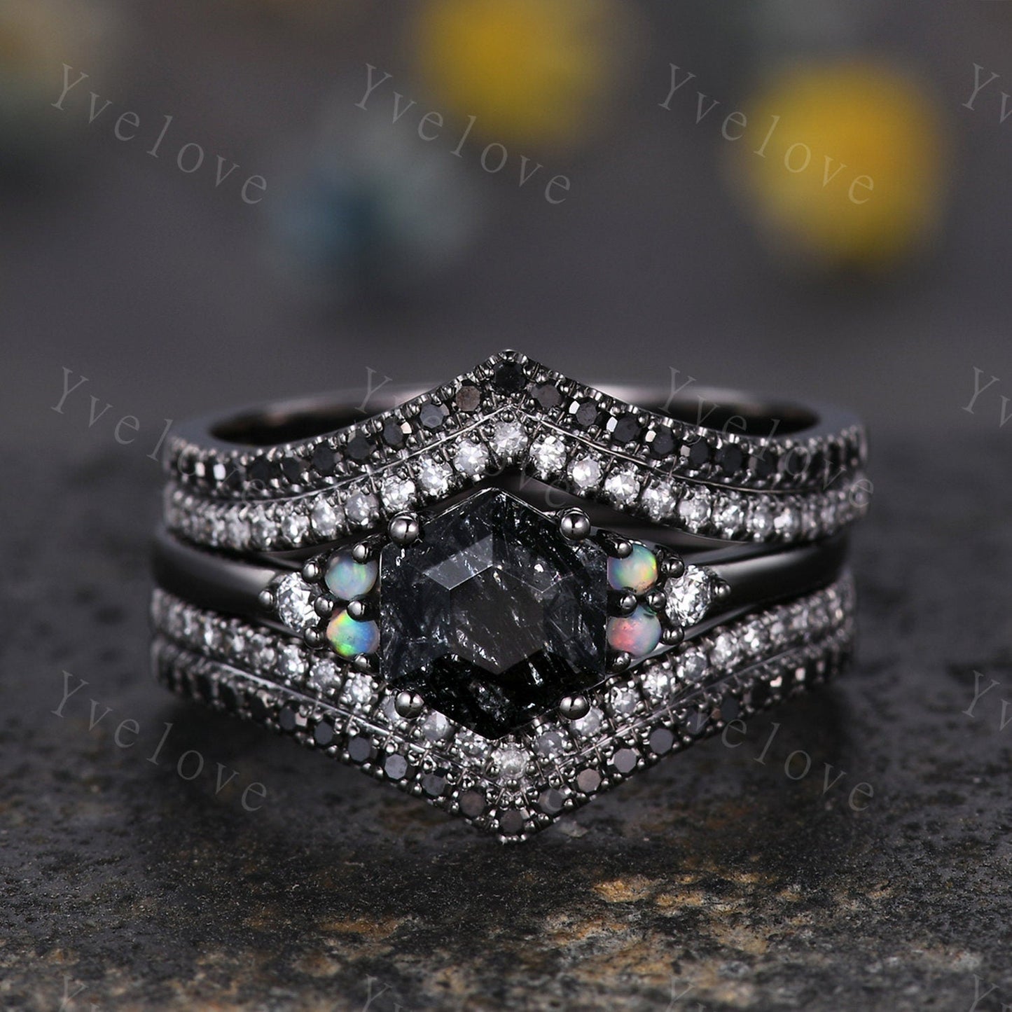 3 Set Unique Hexagon Black Rutilate Quartz Engagement Ring,White Opal Black Diamond Ring,Black Wedding Band,Vintage Gift Bridal Promise Ring