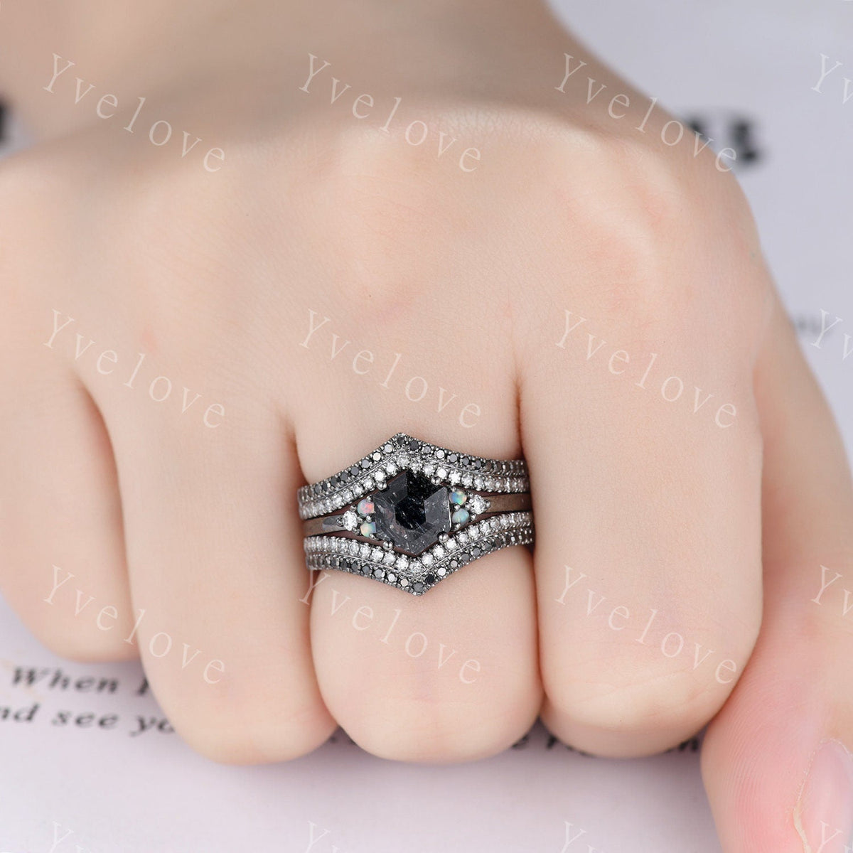 3 Set Unique Hexagon Black Rutilate Quartz Engagement Ring,White Opal Black Diamond Ring,Black Wedding Band,Vintage Gift Bridal Promise Ring