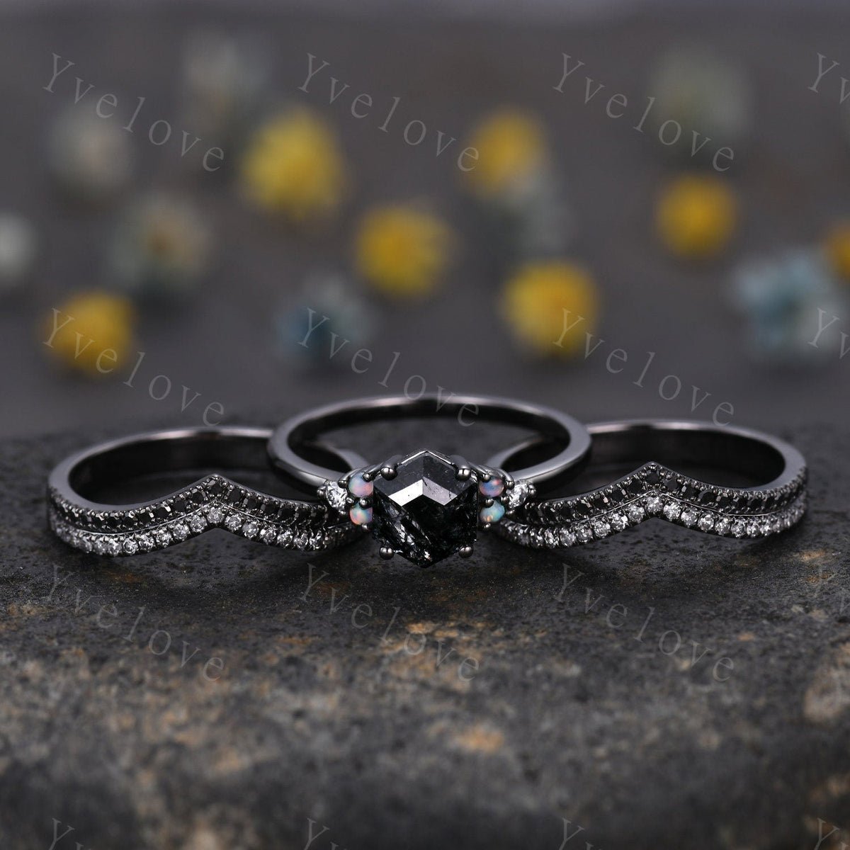 3 Set Unique Hexagon Black Rutilate Quartz Engagement Ring,White Opal Black Diamond Ring,Black Wedding Band,Vintage Gift Bridal Promise Ring