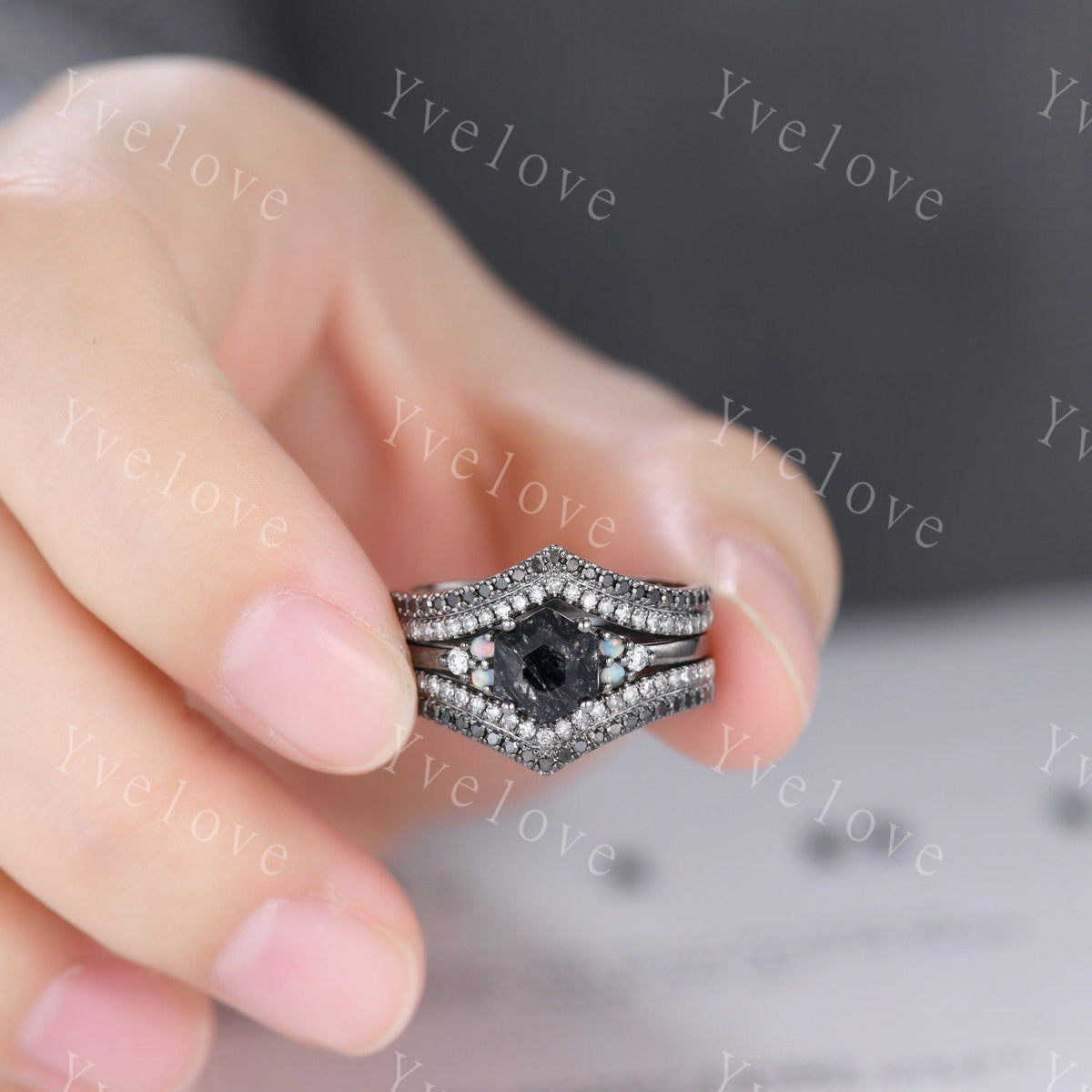 3 Set Unique Hexagon Black Rutilate Quartz Engagement Ring,White Opal Black Diamond Ring,Black Wedding Band,Vintage Gift Bridal Promise Ring