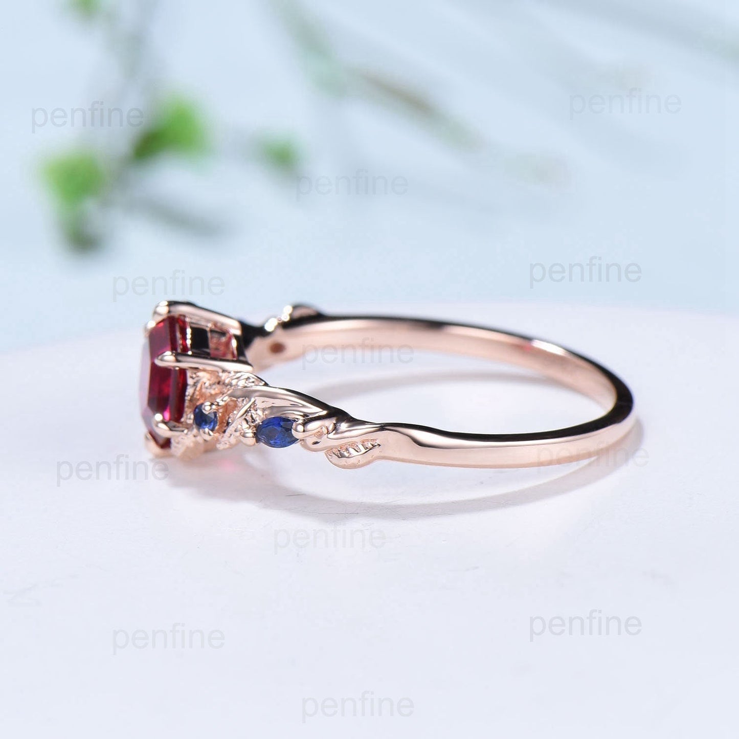 Nature Inspired Red Ruby Engagement Ring Unique Twig  Lab Ruby Sapphire Wedding Ring Branch Promise Ring Handmade Proposal Gifts for Women