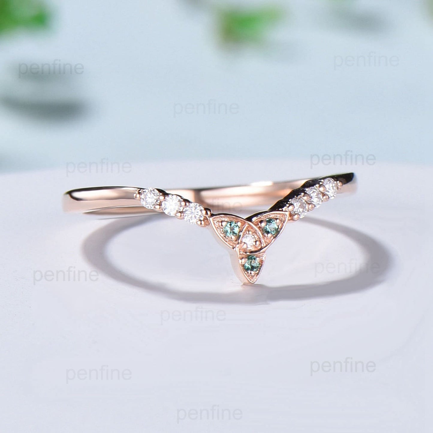 Emerald Moissanite Rose Gold Wedding Band, Vintage Stacking Ring