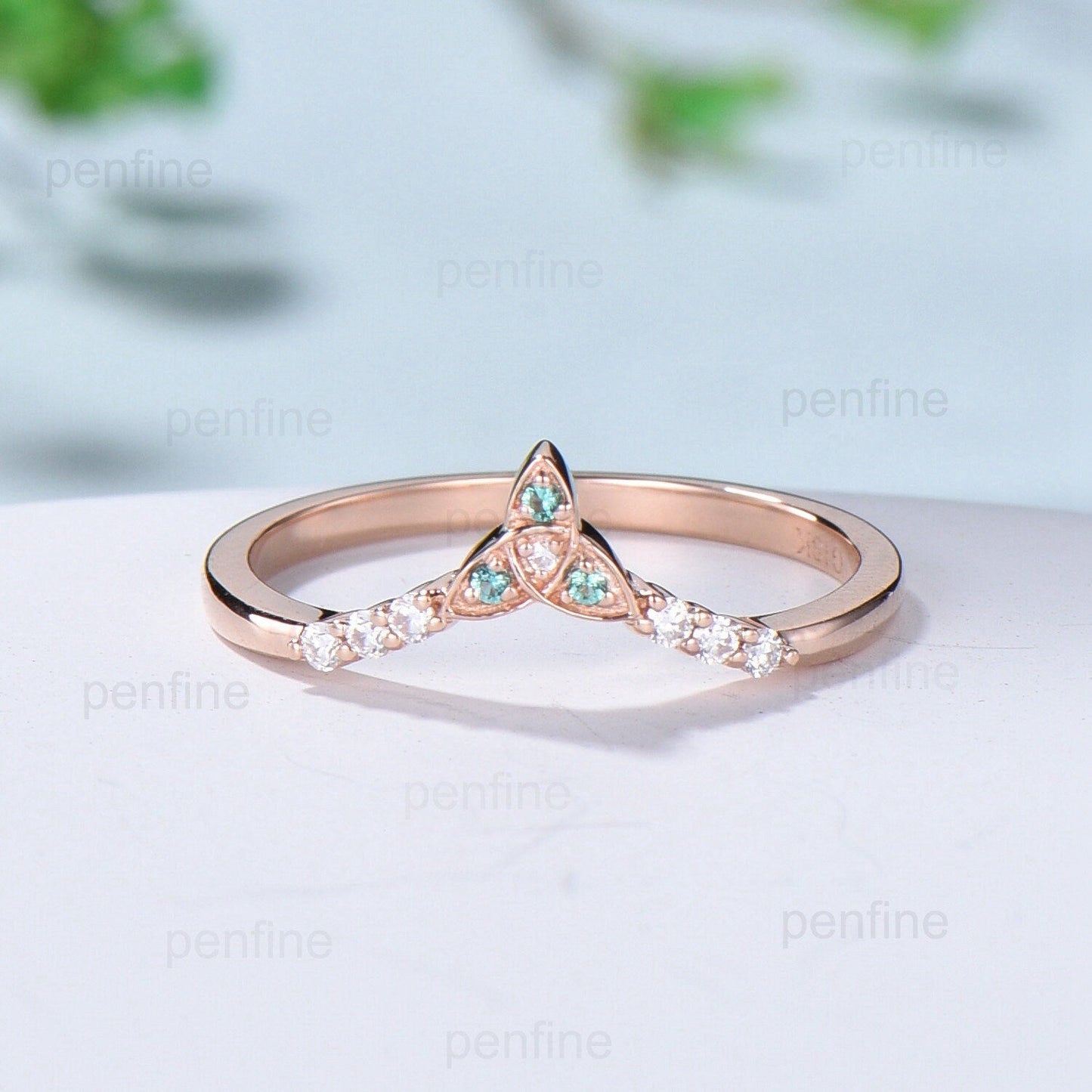 Emerald Moissanite Rose Gold Wedding Band, Vintage Stacking Ring