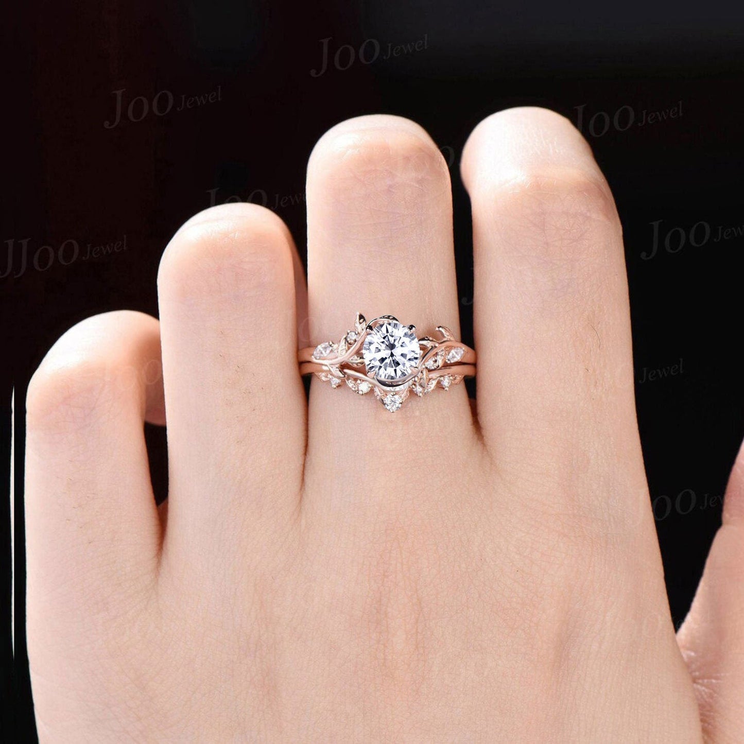 1ct Round Cut Moissanite Engagement Ring 14K Real Gold Nature Inspired Diamond Engagement Ring Leaf Wedding Bridal Set Unique Proposal Gifts