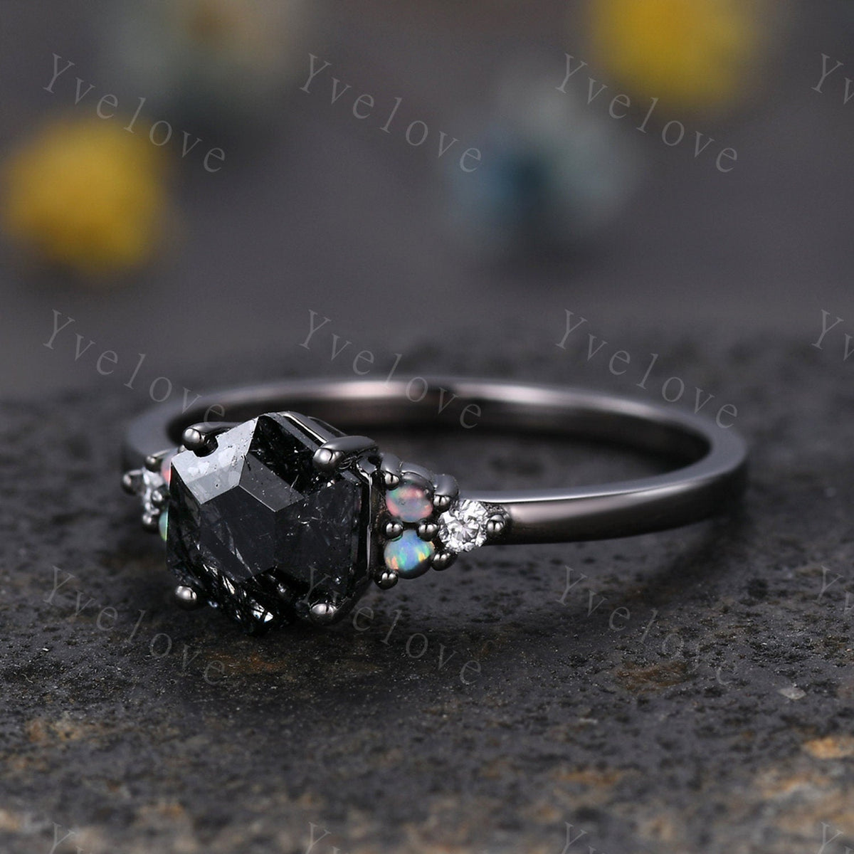 3 Set Unique Hexagon Black Rutilate Quartz Engagement Ring,White Opal Black Diamond Ring,Black Wedding Band,Vintage Gift Bridal Promise Ring