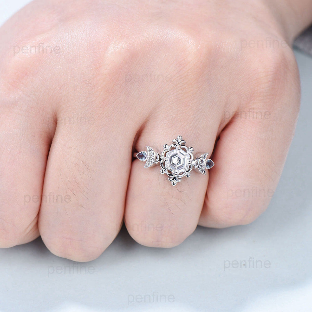 Floral Hexagon Moissanite Engagement Ring Crescent Moon Pear Alexandrite Cluster Wedding Ring Unique Promise Ring Handmade Bridal Gift