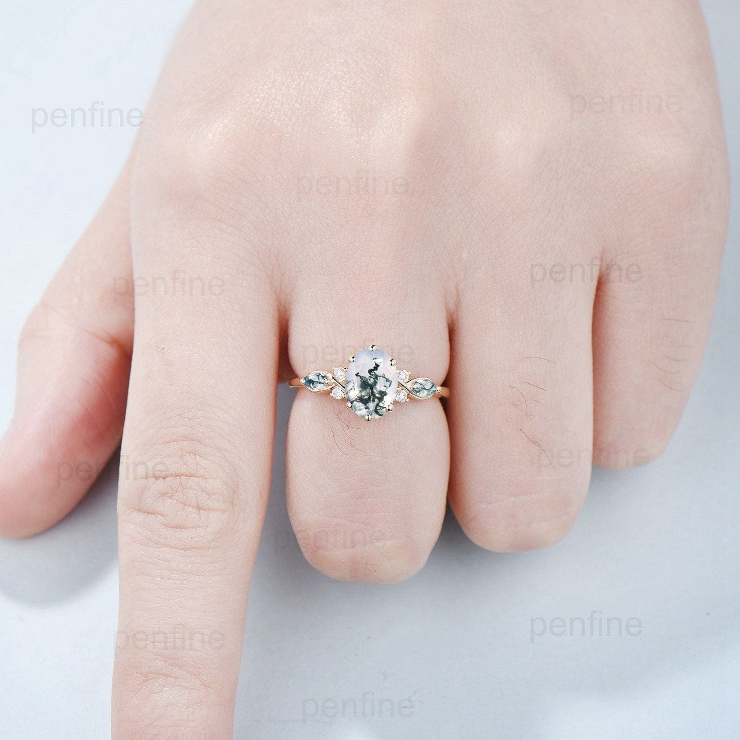 Vintage Oval Cut Moss agate engagement ring flawless green agate ring for women 14K Yellow Gold marquise aquatic agate diamond wedding Ring
