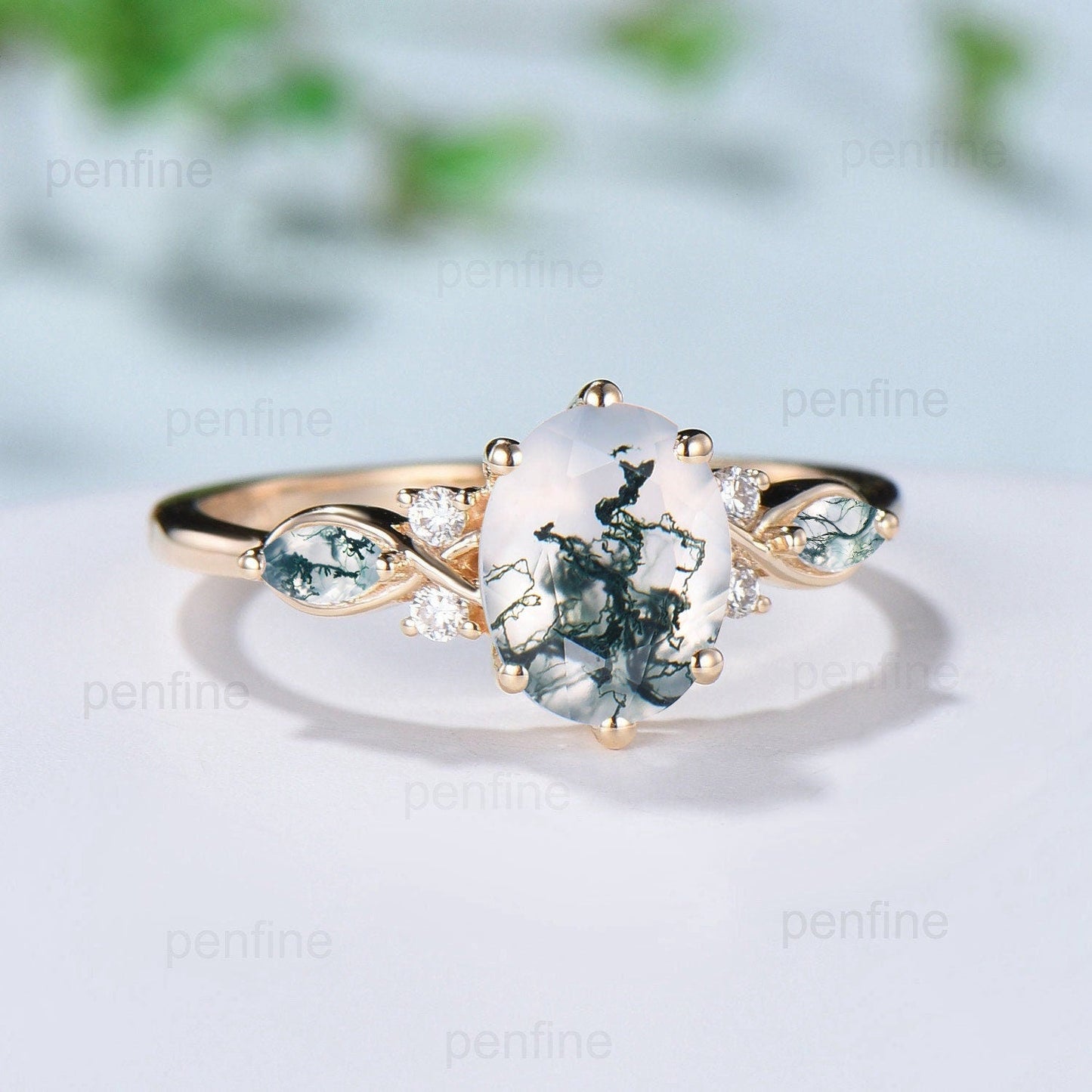 Vintage Oval Cut Moss agate engagement ring flawless green agate ring for women 14K Yellow Gold marquise aquatic agate diamond wedding Ring