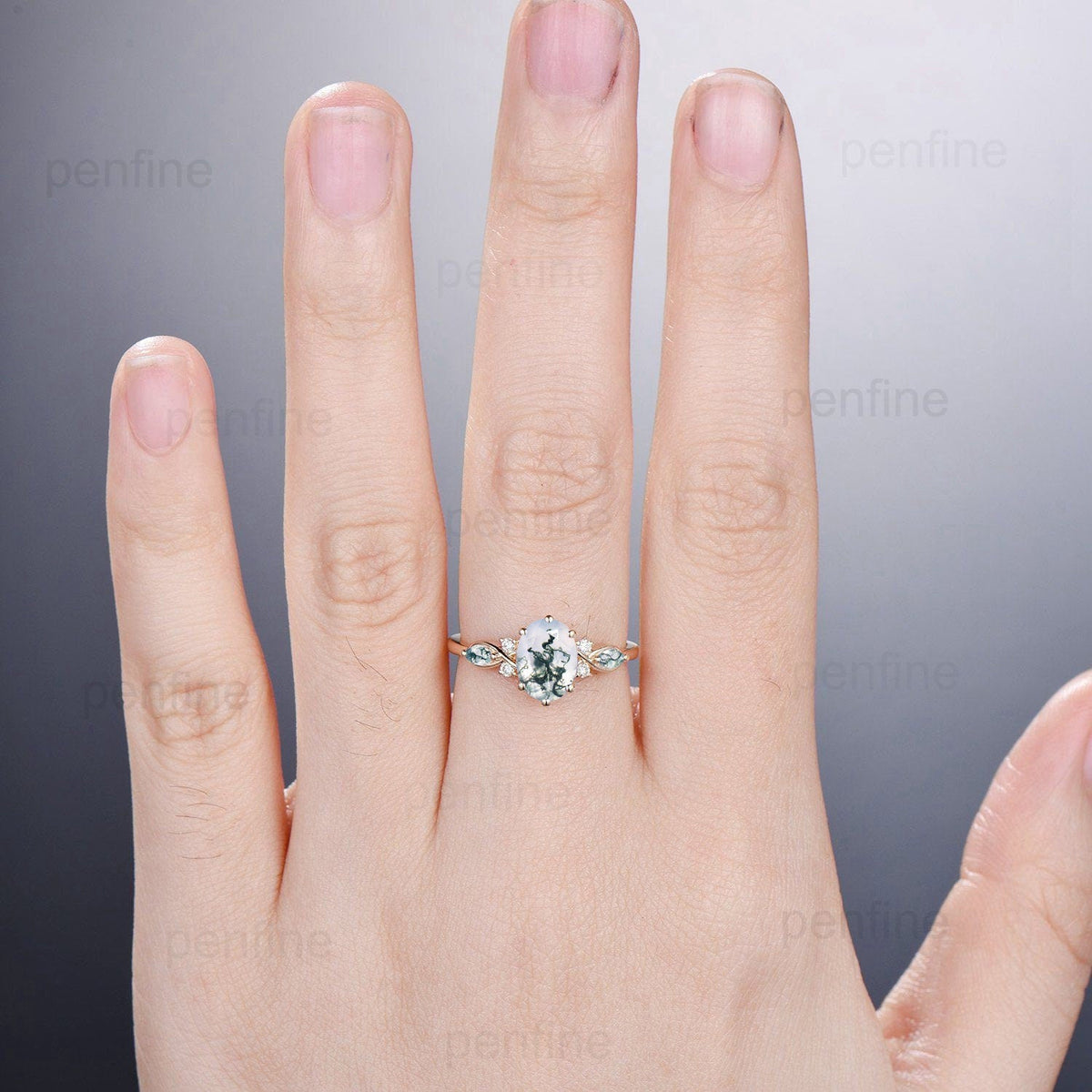 Vintage Oval Cut Moss agate engagement ring flawless green agate ring for women 14K Yellow Gold marquise aquatic agate diamond wedding Ring