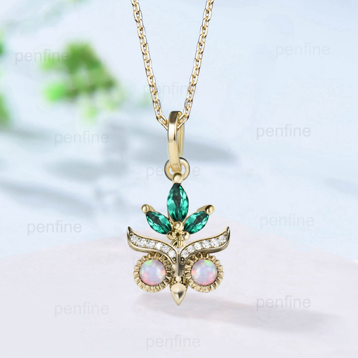 Vintage Opal Emerald Pendant necklace Night Owl moissanite necklace marquise emerald pendant for women Unique Handmade Proposal Gifts Women