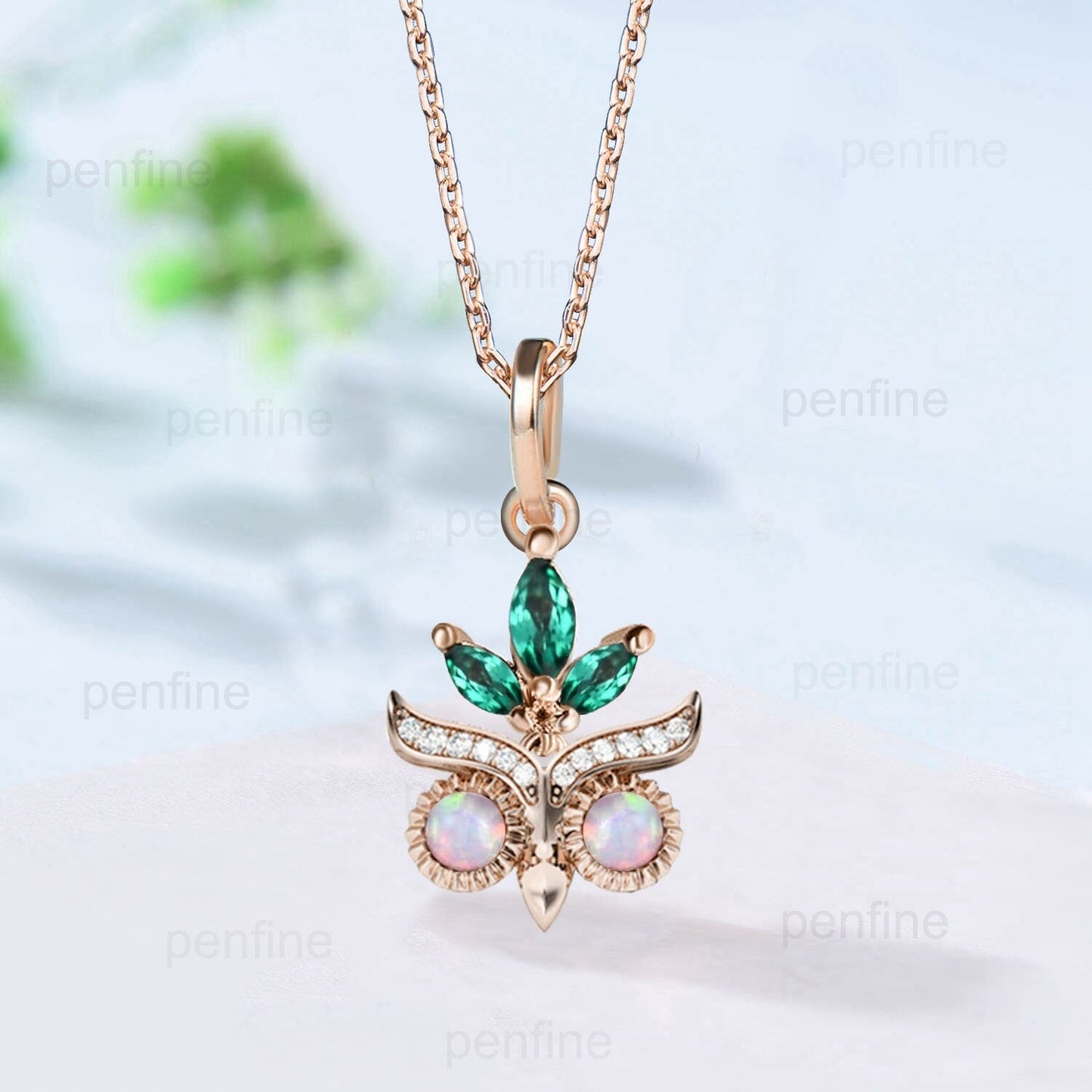 Vintage Opal Emerald Pendant necklace Night Owl moissanite necklace marquise emerald pendant for women Unique Handmade Proposal Gifts Women