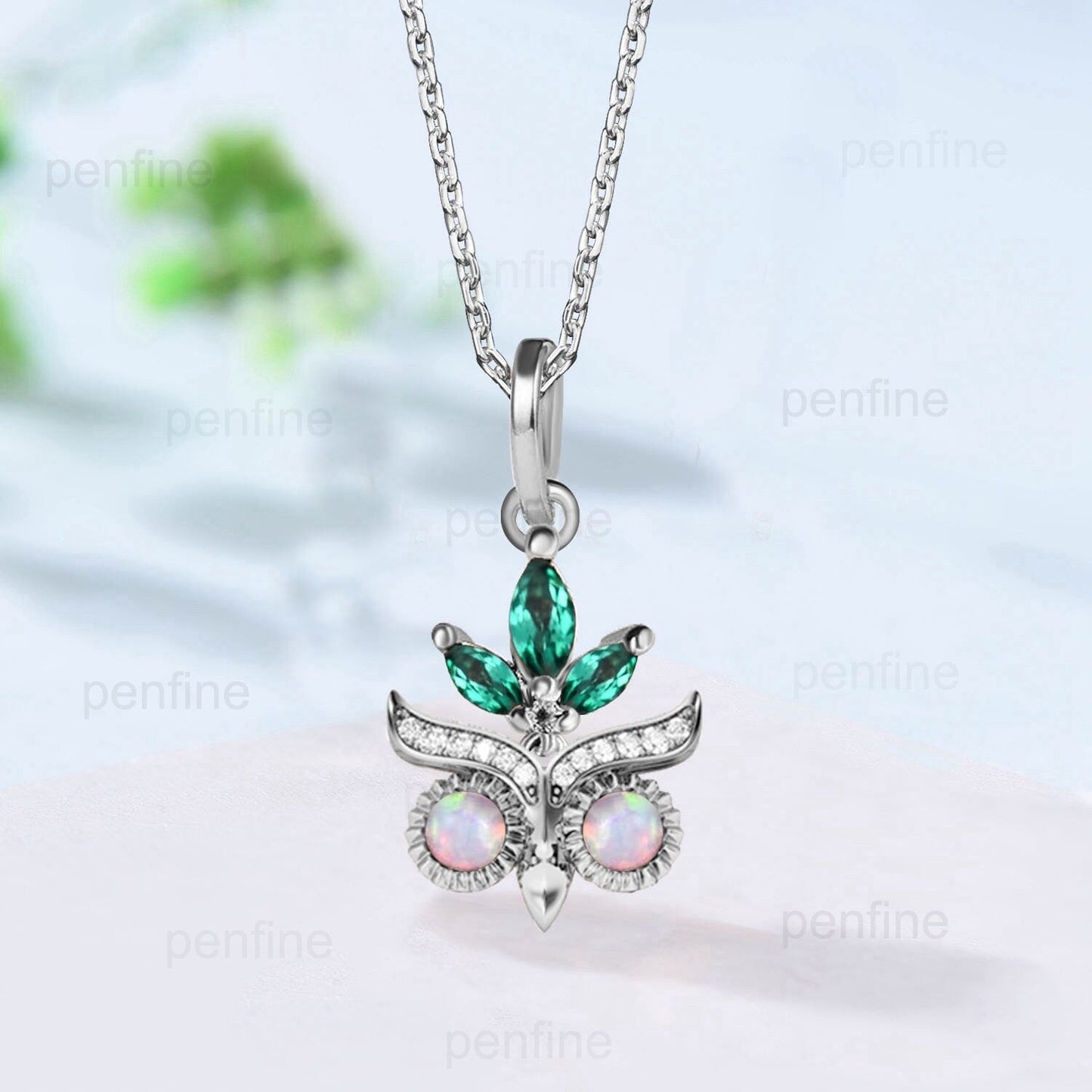 Vintage Opal Emerald Pendant necklace Night Owl moissanite necklace marquise emerald pendant for women Unique Handmade Proposal Gifts Women