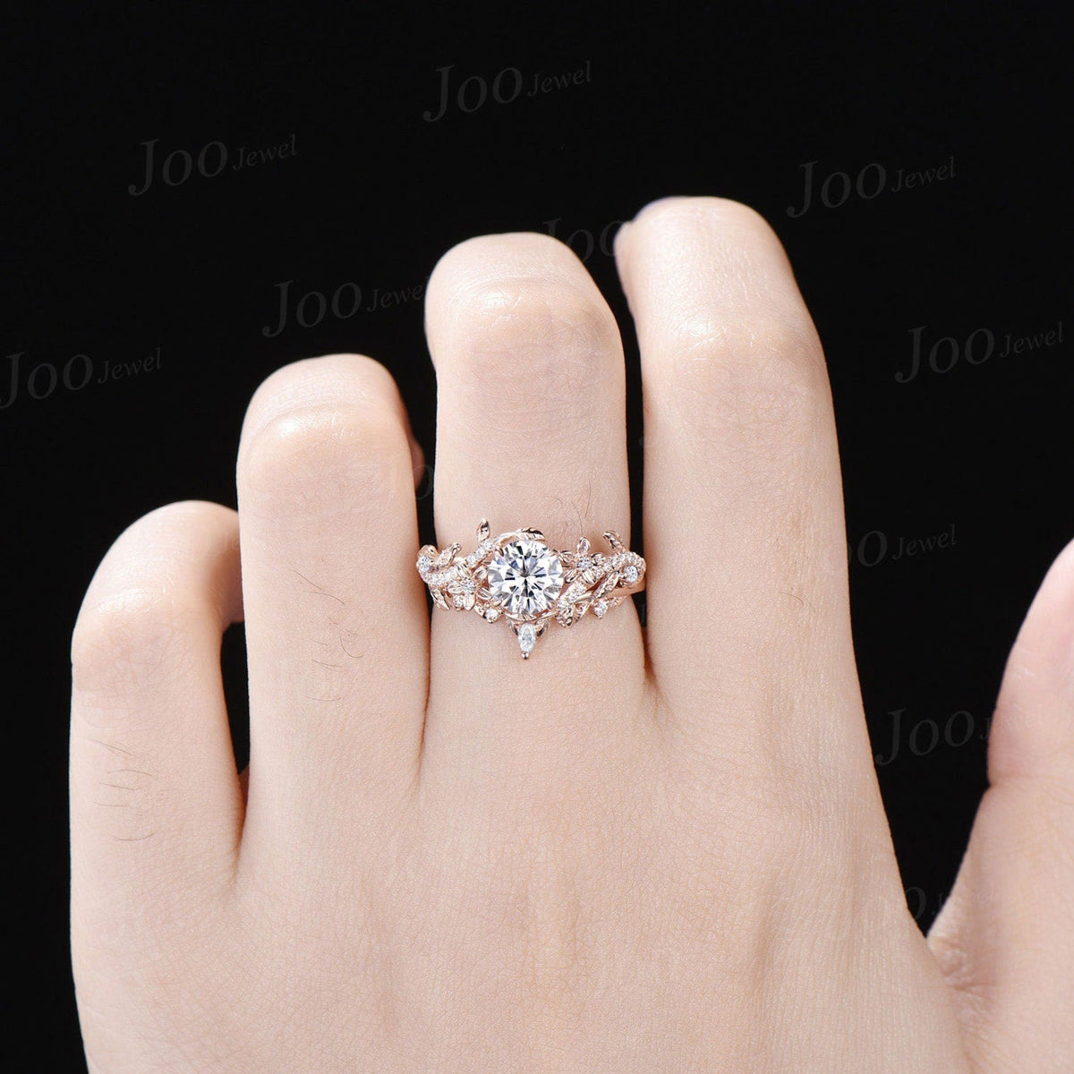 1ct Round Cut Moissanite Engagement Ring Set 14K Rose Gold Real Diamond Leaf Wedding Ring Branch Bridal Set Unique Proposal Gifts for Women