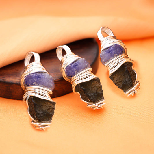 Genuine Moldavite & Tanzanite Pendant, 925 Sterling Silver Pendant, Genuine Moldavite, Raw Moldavite , 100% genuine gemstone for her