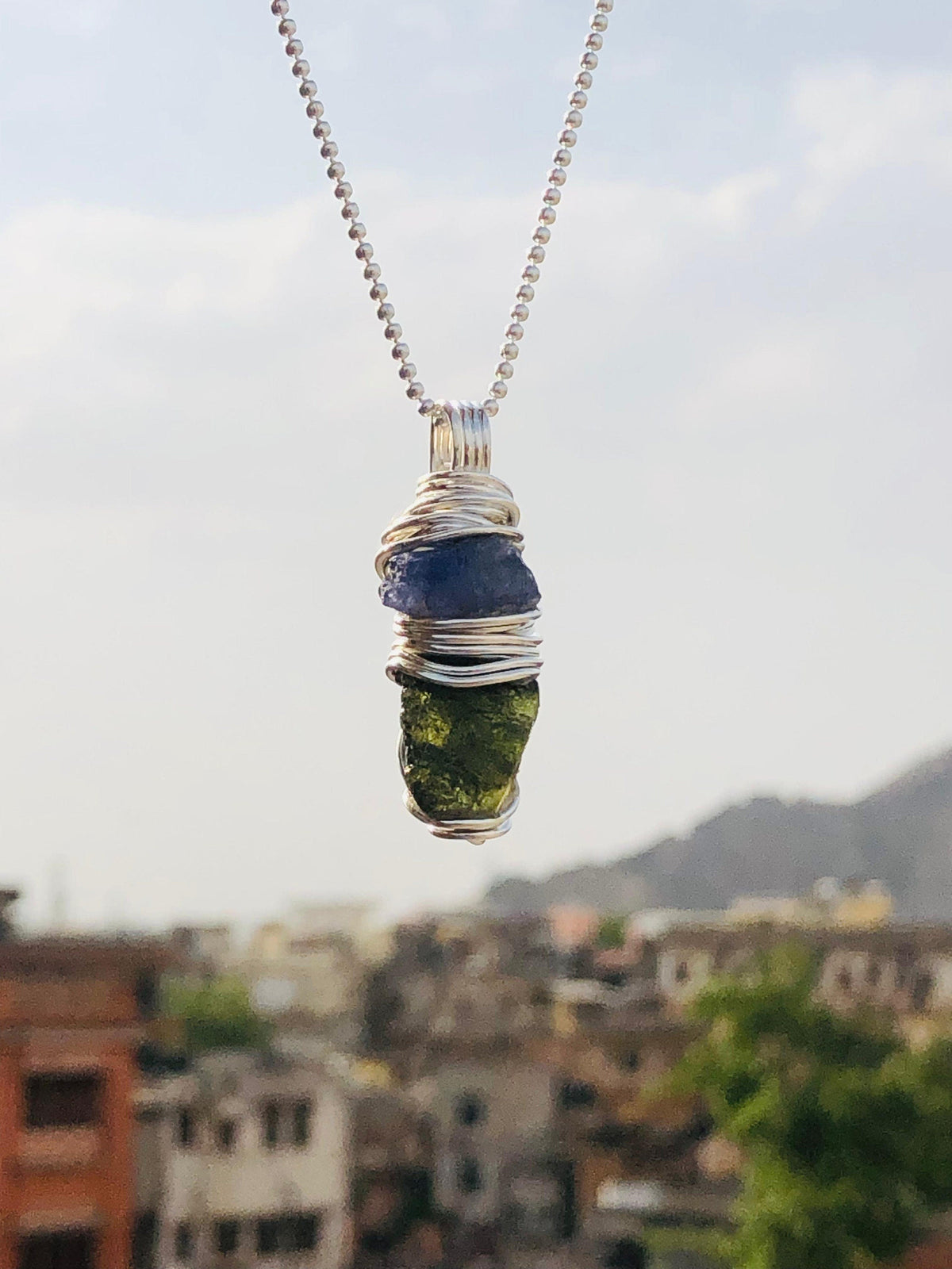 Genuine Moldavite & Tanzanite Pendant, 925 Sterling Silver Pendant, Genuine Moldavite, Raw Moldavite , 100% genuine gemstone for her