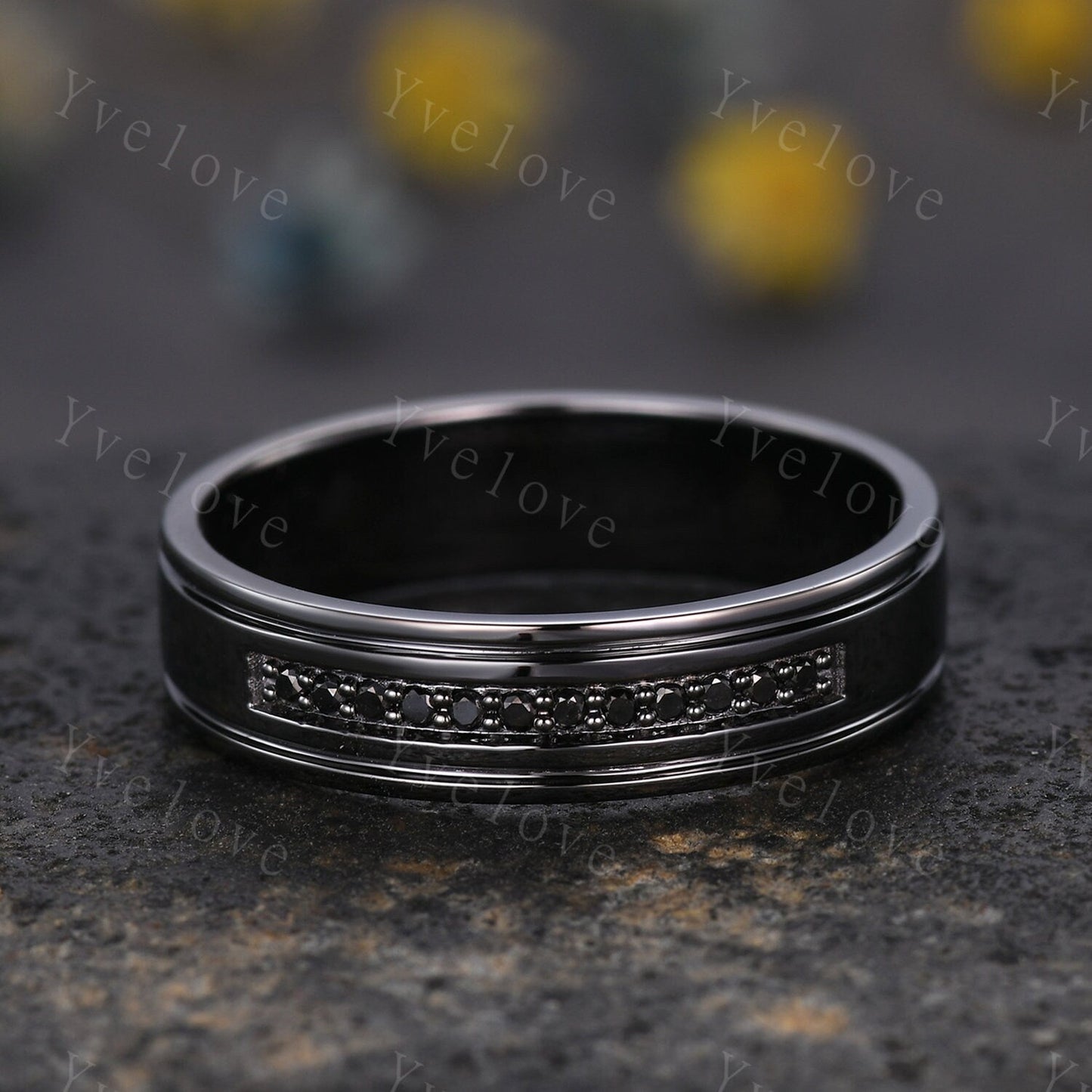 Mens Black Diamond Wedding Band Black Band Diamond channel Set Ring Unisex Stacking Matching Band Retro Vintage Ring Gift For Her or Him