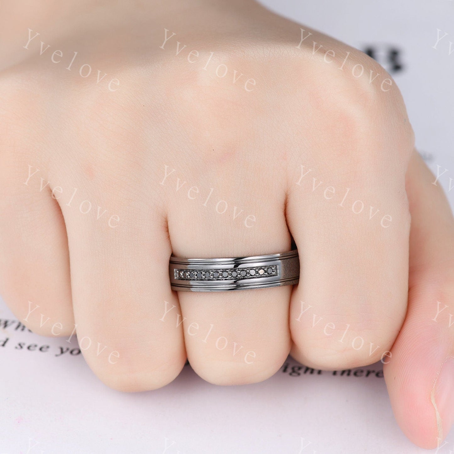 Mens Black Diamond Wedding Band Black Band Diamond channel Set Ring Unisex Stacking Matching Band Retro Vintage Ring Gift For Her or Him