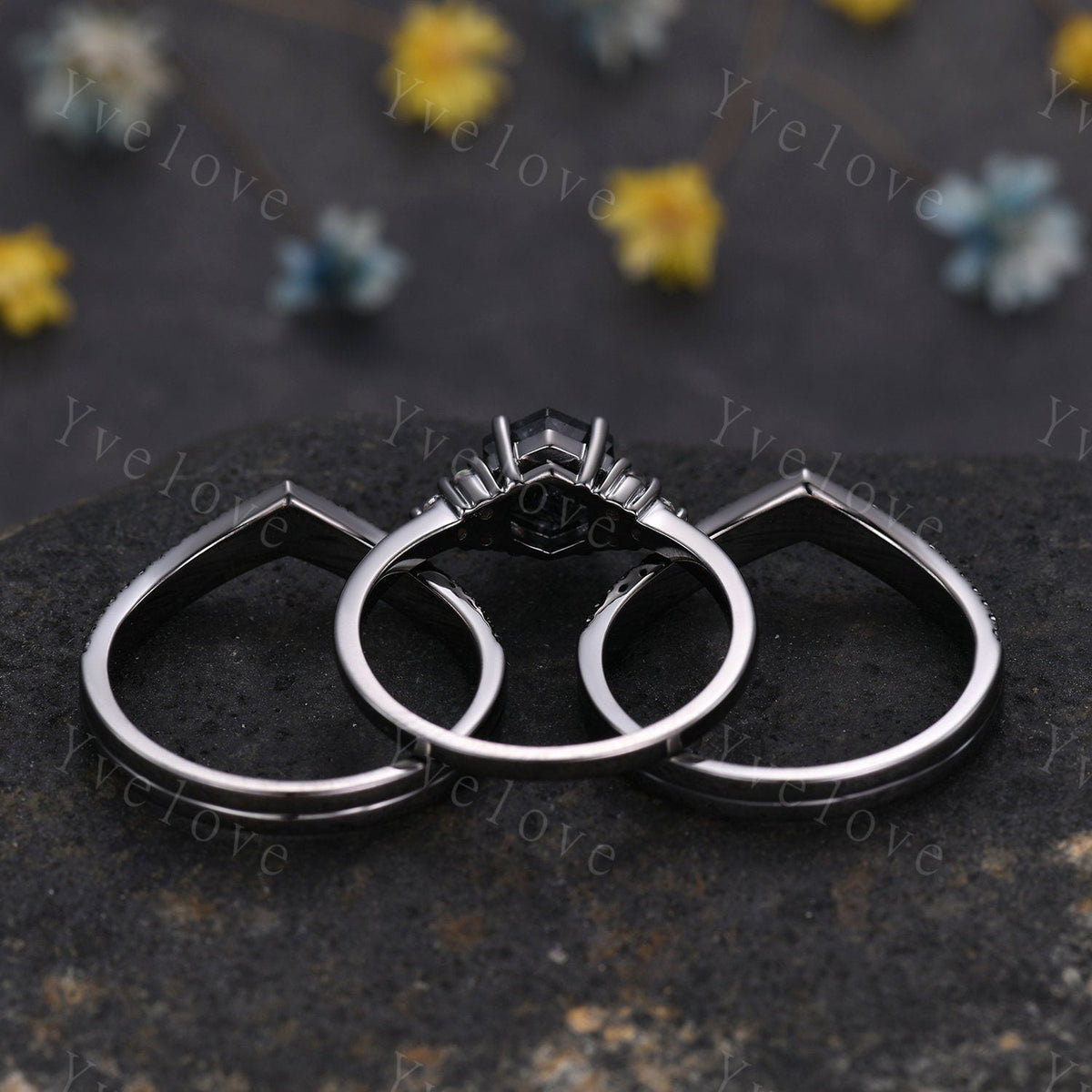 3 Set Unique Hexagon Black Rutilate Quartz Engagement Ring,White Opal Black Diamond Ring,Black Wedding Band,Vintage Gift Bridal Promise Ring