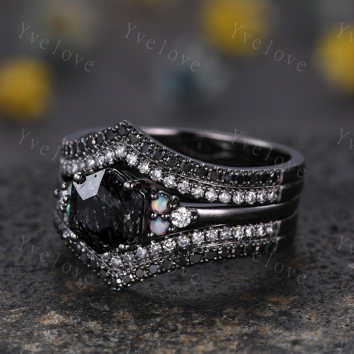 3 Set Unique Hexagon Black Rutilate Quartz Engagement Ring,White Opal Black Diamond Ring,Black Wedding Band,Vintage Gift Bridal Promise Ring