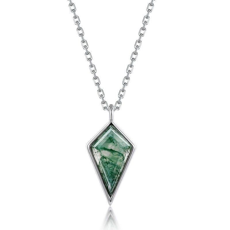 Vintage Moss Agate Pendant Necklace, Kite Cut Minimalist Jewelry