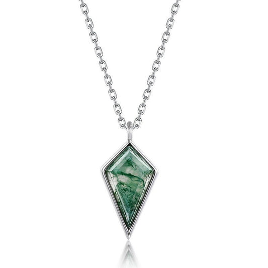 Vintage Moss Agate Pendant Necklace, Kite Cut Minimalist Jewelry