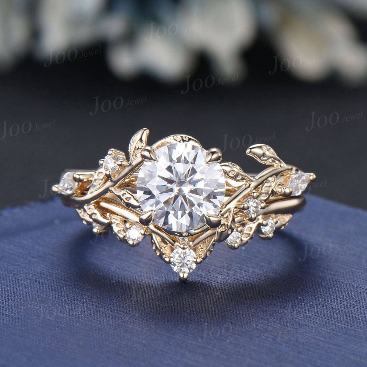 1ct Round Cut Moissanite Engagement Ring 14K Real Gold Nature Inspired Diamond Engagement Ring Leaf Wedding Bridal Set Unique Proposal Gifts