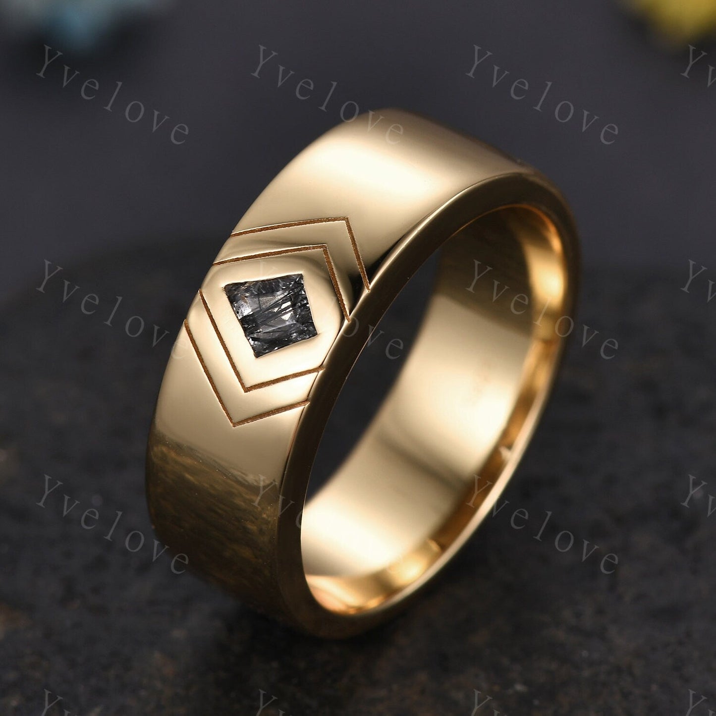 7mm Solid Gold Mens Kite Cut Black Quartz Wedding Band Black Jewelry Engagement Ring Plain Band Mens Stacking Matching Band His Wedding band